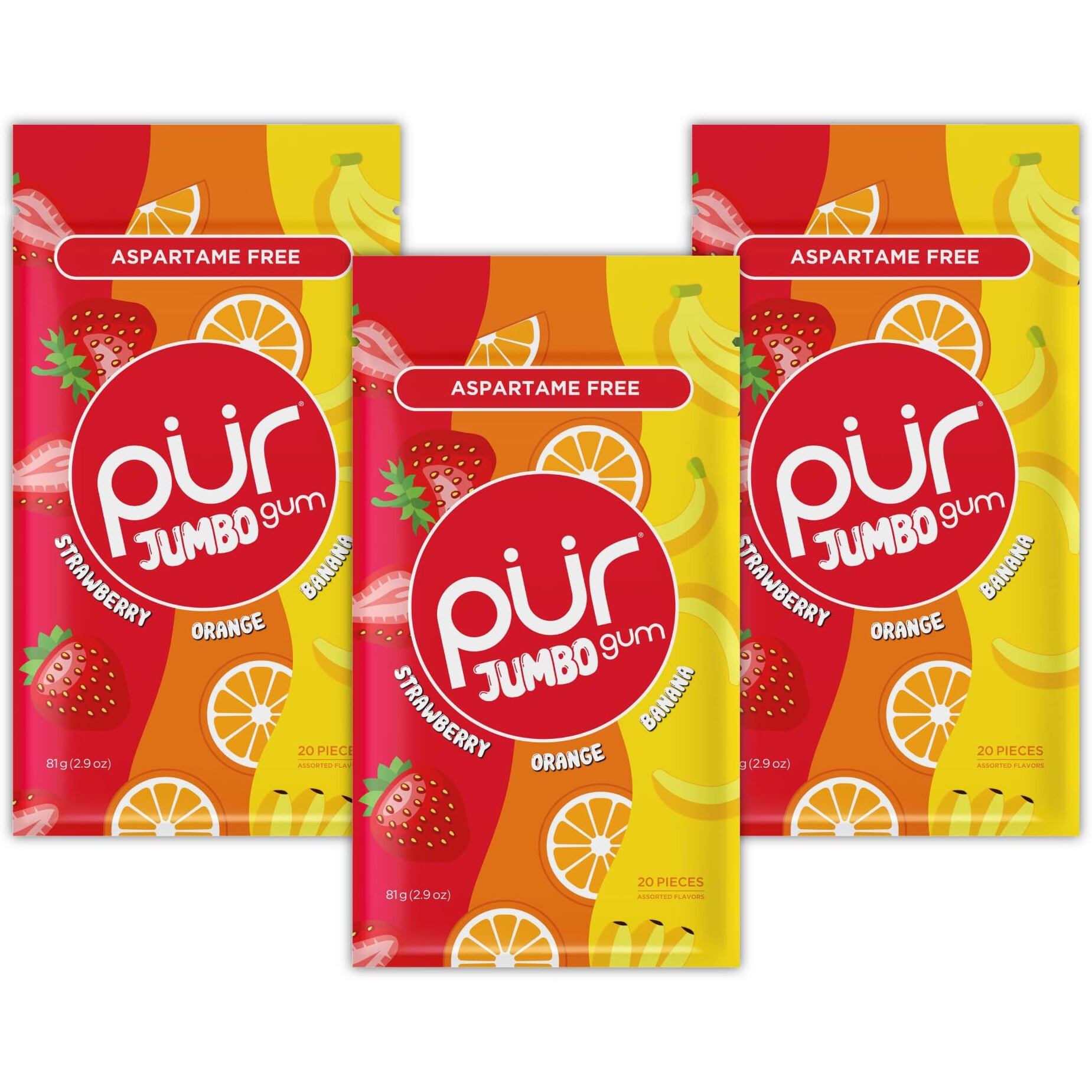 Pur Jumbo Gum | Aspartame Free Chewing Gum | 100% Xylitol | Natural Strawberry, Banana, Orange Flavor, 20 Pieces (Pack Of 3)