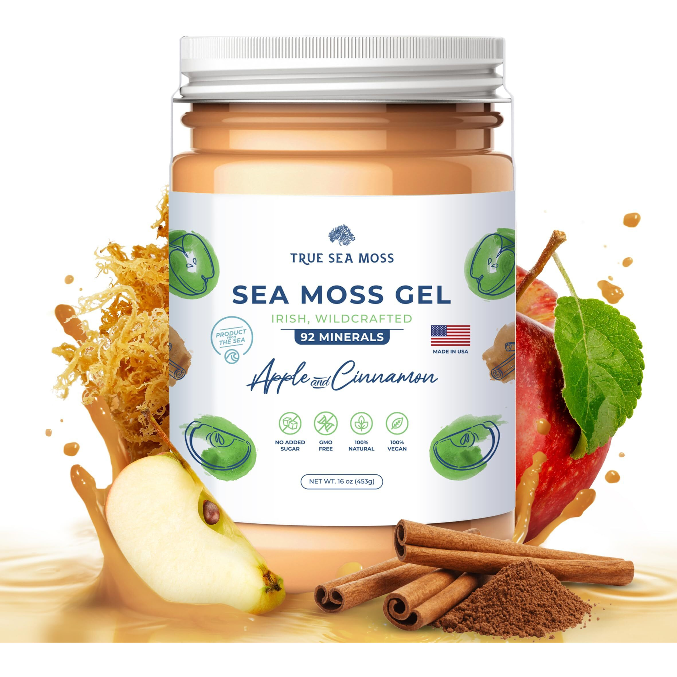 Trueseamoss Wildcrafted Irish Sea Moss Gel - Made With Dried Seaweed & Fresh Sea Vegetables, Seamoss, Antioxidant Supports Digestion - Made In Usa (Apple/Cinnamon, Pack Of 1)