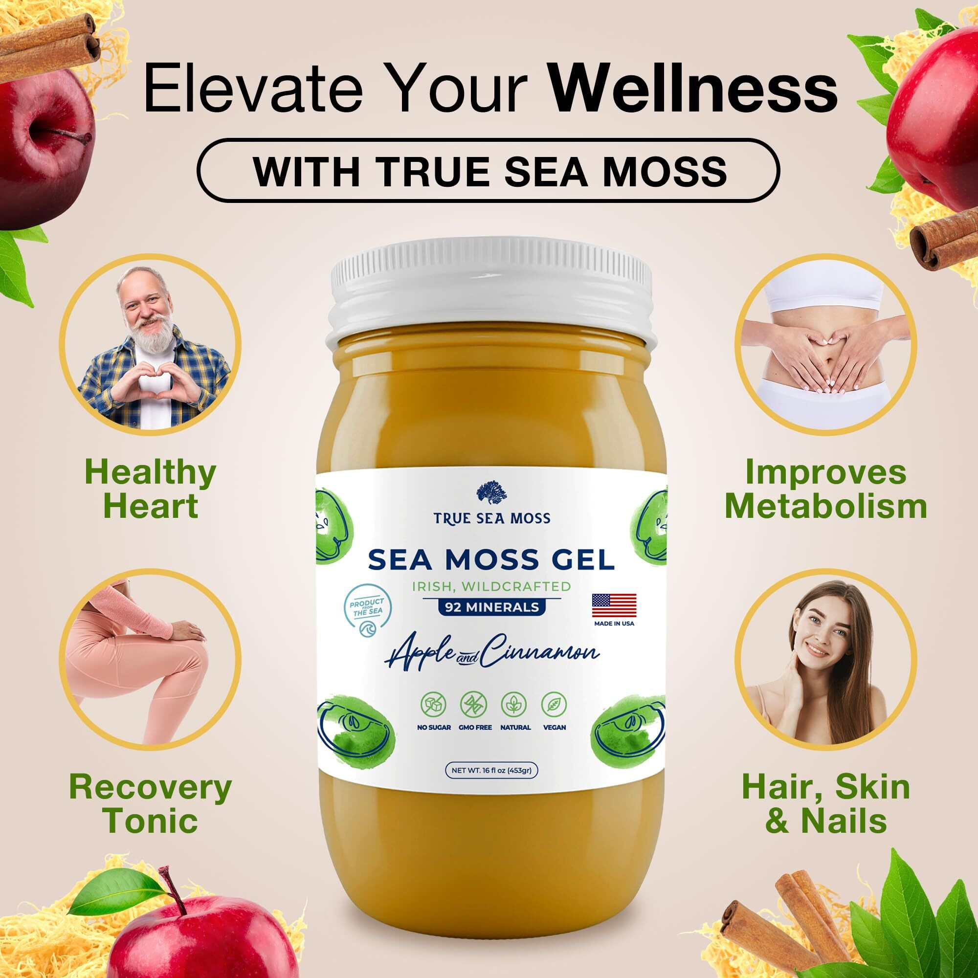 Trueseamoss Wildcrafted Irish Sea Moss Gel - Made With Dried Seaweed & Fresh Sea Vegetables, Seamoss, Antioxidant Supports Digestion - Made In Usa (Apple/Cinnamon, Pack Of 1)