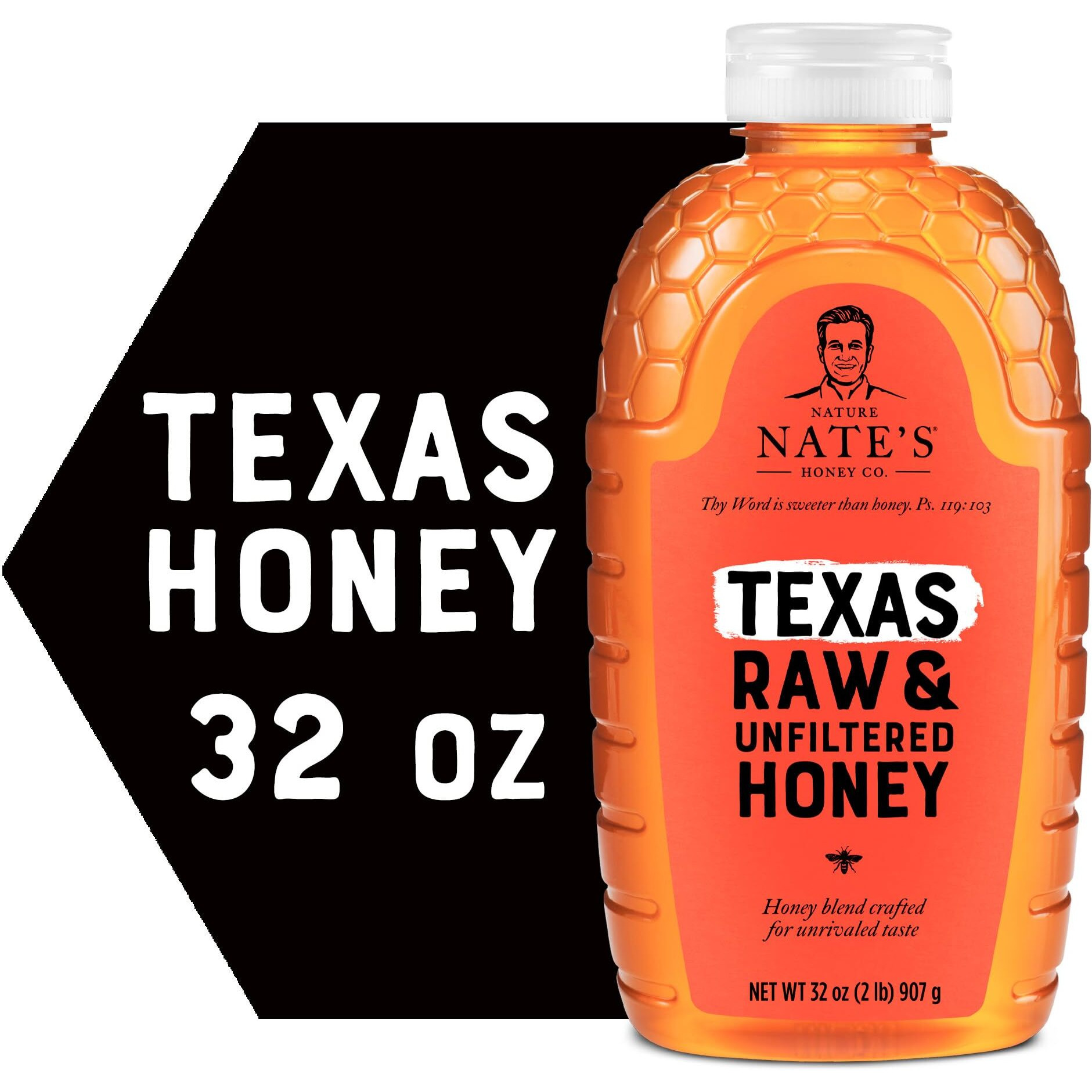 Nate's Texas 100% Pure, Raw & Unfiltered Honey - 32 Oz. Squeeze Bottle - All-Natural Sweetener