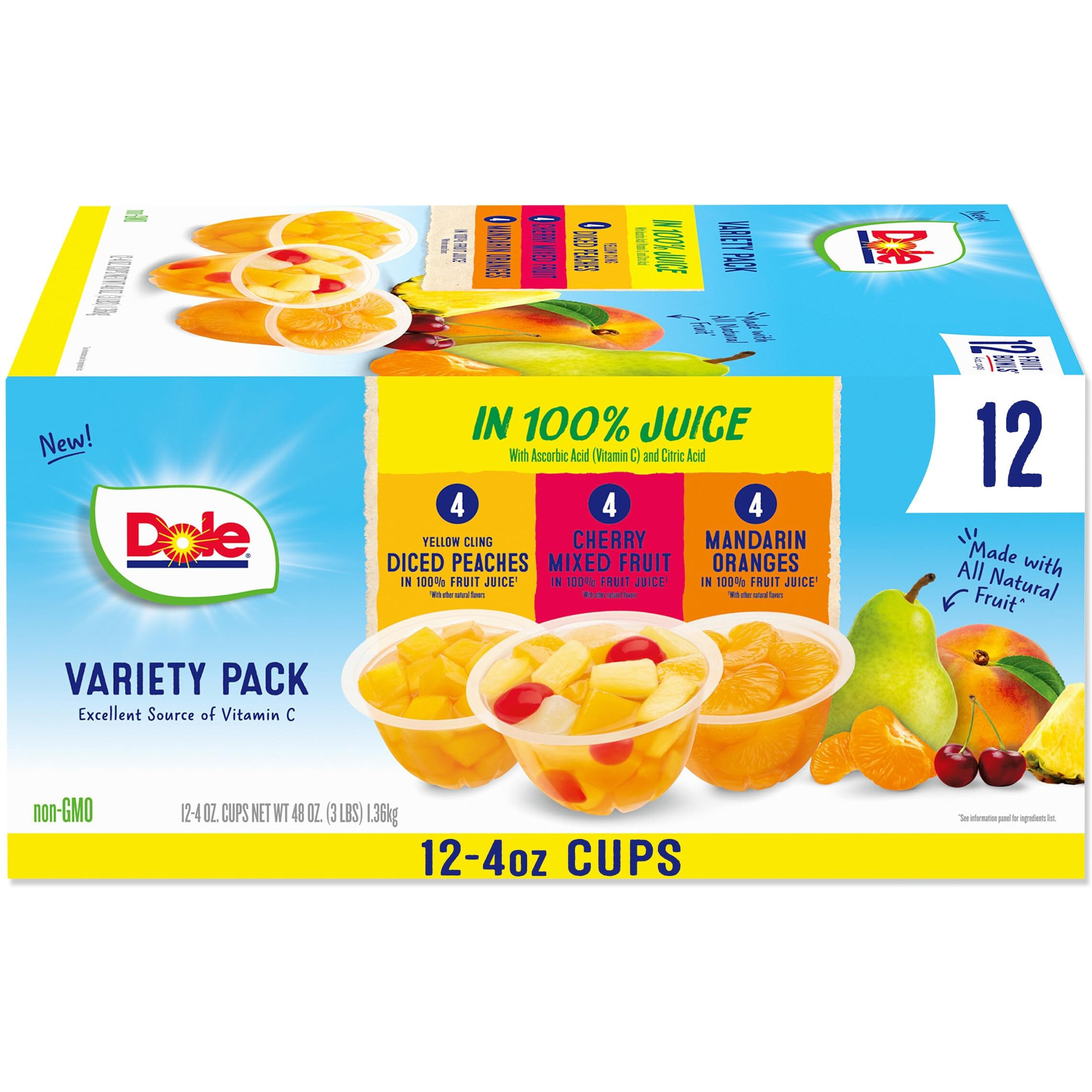 Dole Fruit Bowls In 100% Juice Variety Pack Snacks, Peaches, Cherry Mixed Fruit, Mandarin Oranges, 4Oz 12 Total Cups, Gluten & Dairy Free, Bulk Lunch Snacks For Kids & Adults