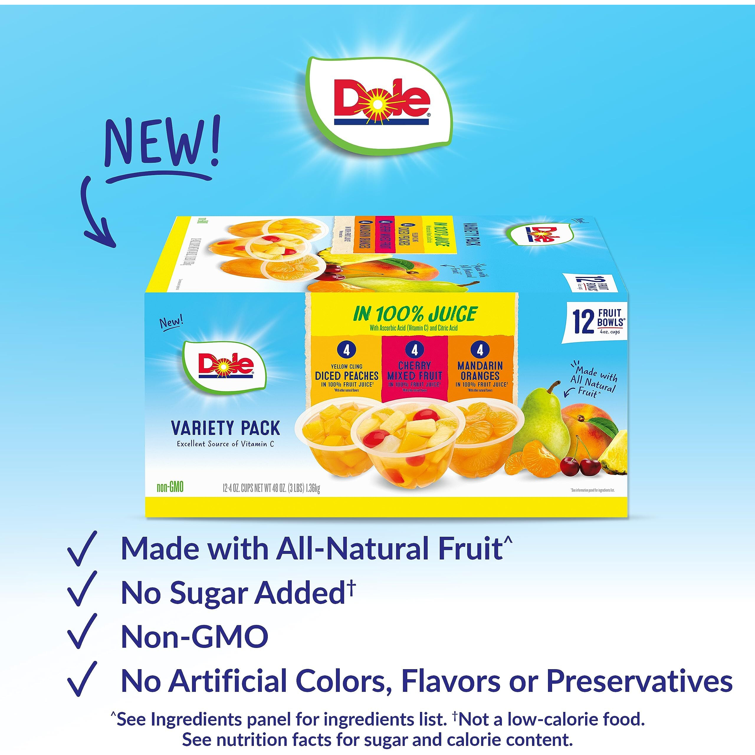 Dole Fruit Bowls In 100% Juice Variety Pack Snacks, Peaches, Cherry Mixed Fruit, Mandarin Oranges, 4Oz 12 Total Cups, Gluten & Dairy Free, Bulk Lunch Snacks For Kids & Adults