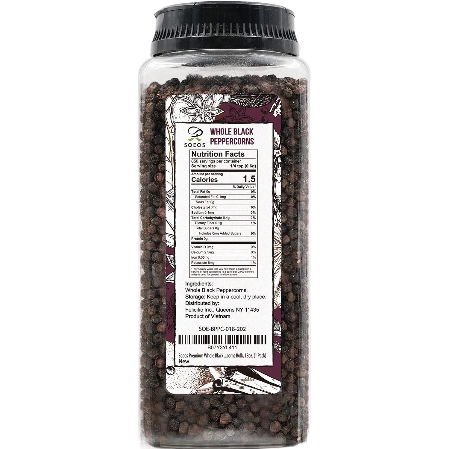 Soeos Black Peppercorns, 18Oz (Pack Of 1), Non-Gmo, Kosher, Packed To Keep Peppers Fresh, Peppercorn For Grinder Refill, Whole Peppercorns