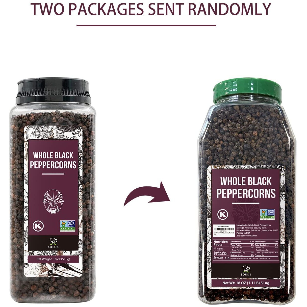 Soeos Black Peppercorns, 18Oz (Pack Of 1), Non-Gmo, Kosher, Packed To Keep Peppers Fresh, Peppercorn For Grinder Refill, Whole Peppercorns