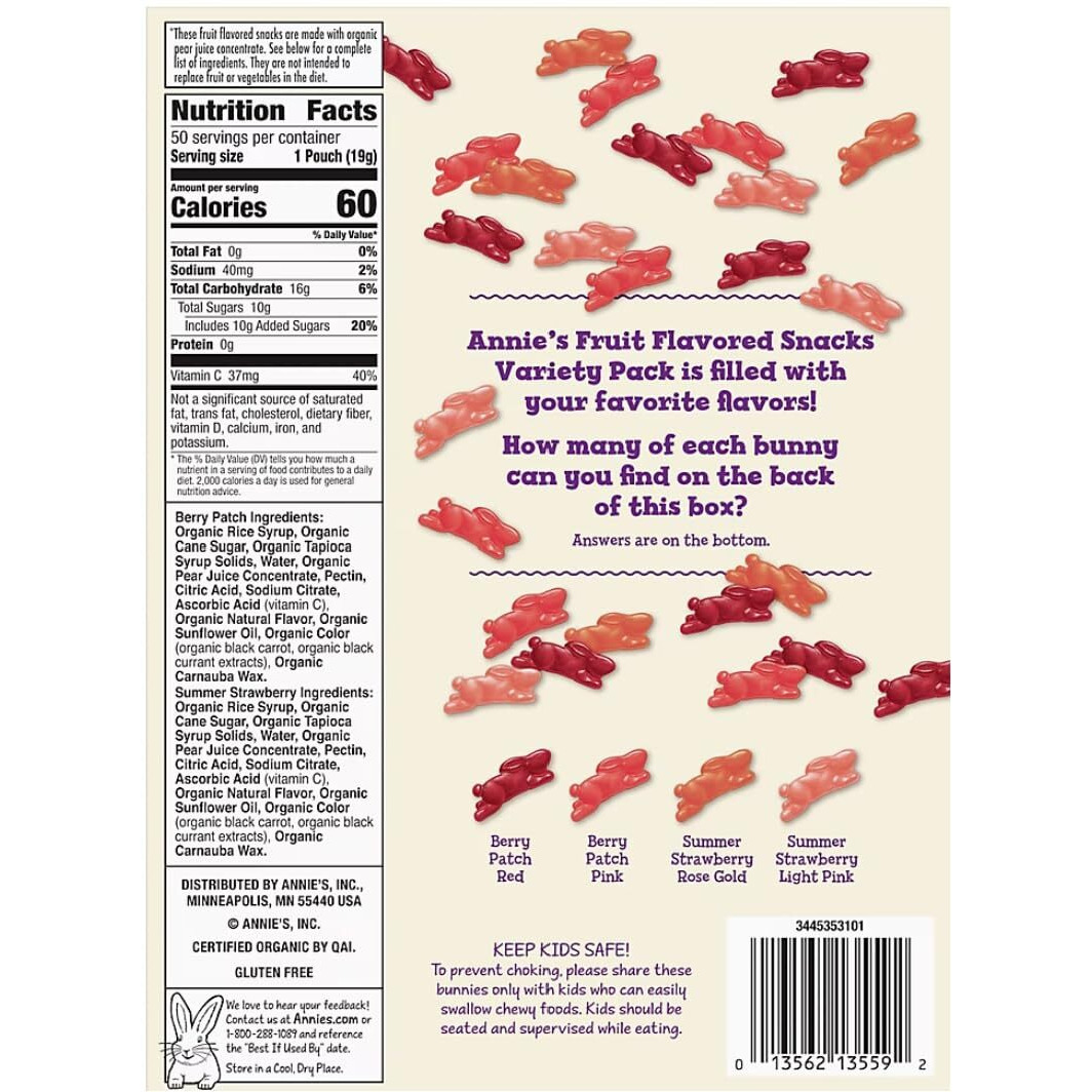 Annie's Fruit Snacks Variety 50 Pack Size Organic Fruit Flavoured Snacks Berry Patch And Summer Strawberry, Pack Of 50 Pouches, No Synthetic Colours, Gelatin Free, Gluten Free, Vegan, Snacks (50 Pack