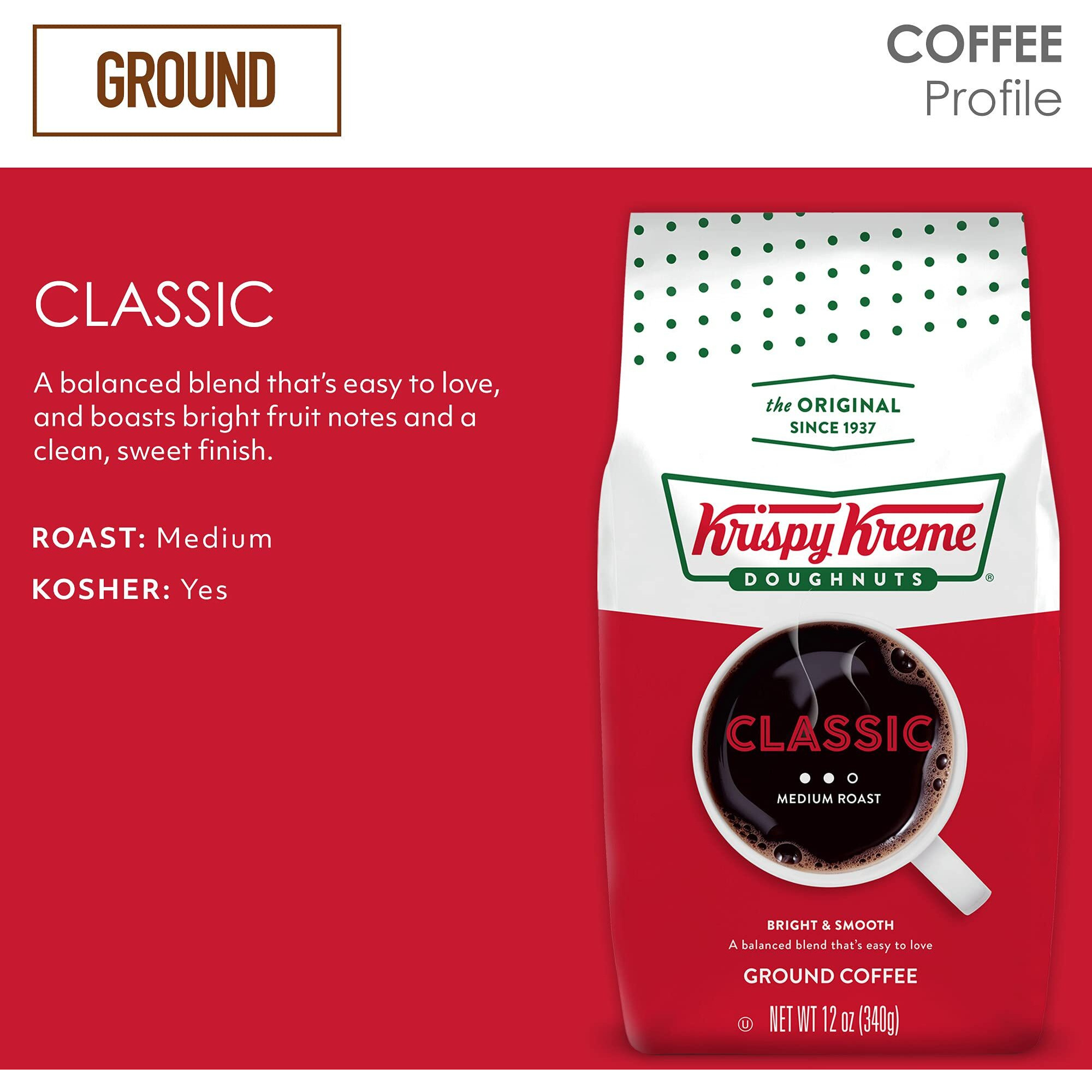Krispy Kreme Doughnuts, Classic, Ground Coffee, Medium Roast, Bagged 12Oz