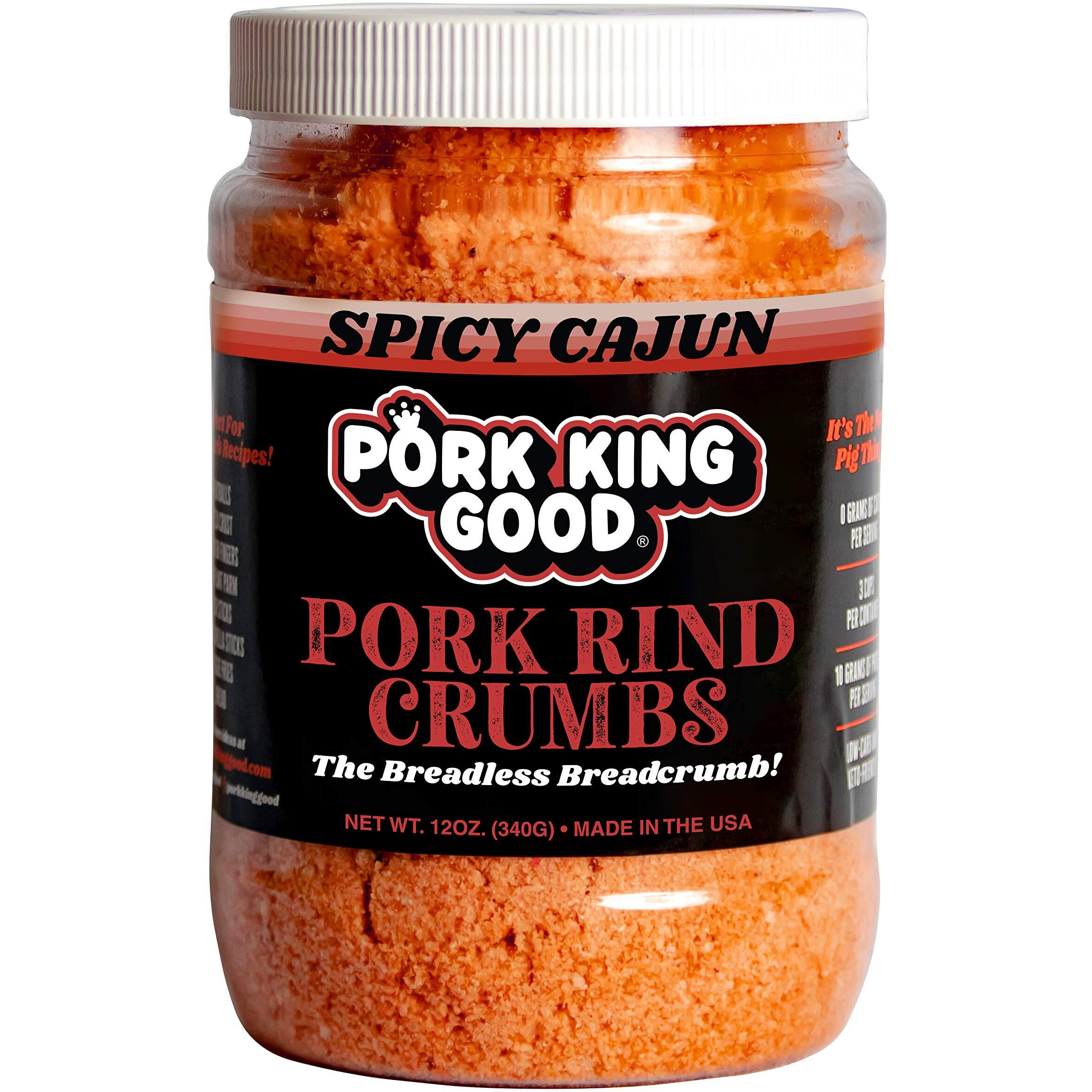 Pork King Good Spicy Cajun Low Carb Keto Diet Pork Rind BreadcrumbsPerfect For Ketogenic, Paleo, Gluten-Free, Sugar Free And Bariatric Diets (Original) (Cajun, 12 Oz Jar)
