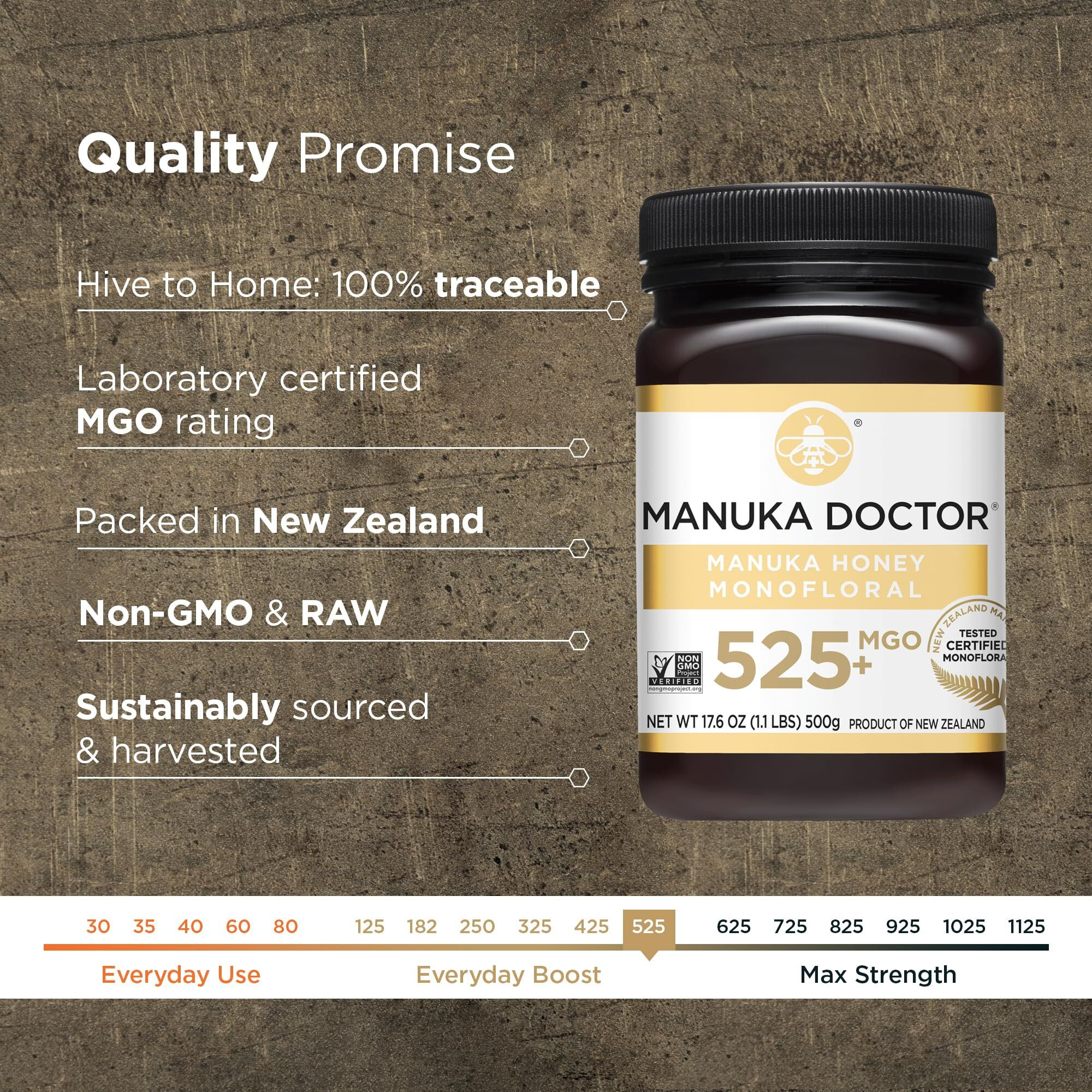 Manuka Doctor - Mgo 525+ Manuka Honey Monofloral (1.1 Lbs) 100% Pure New Zealand Honey. Certified. Guaranteed. Raw. Non-Gmo
