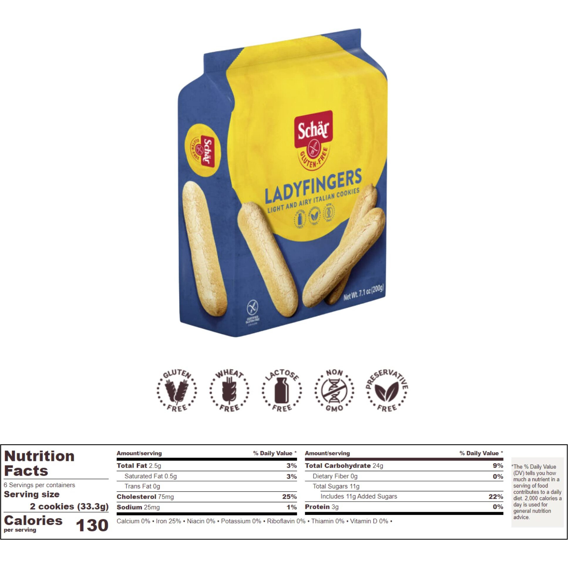 Schar - Lady Fingers - Certified Gluten Free - No Gmo's, Lactose, Wheat Or Preservatives - (7.1 Oz) 2 Pack
