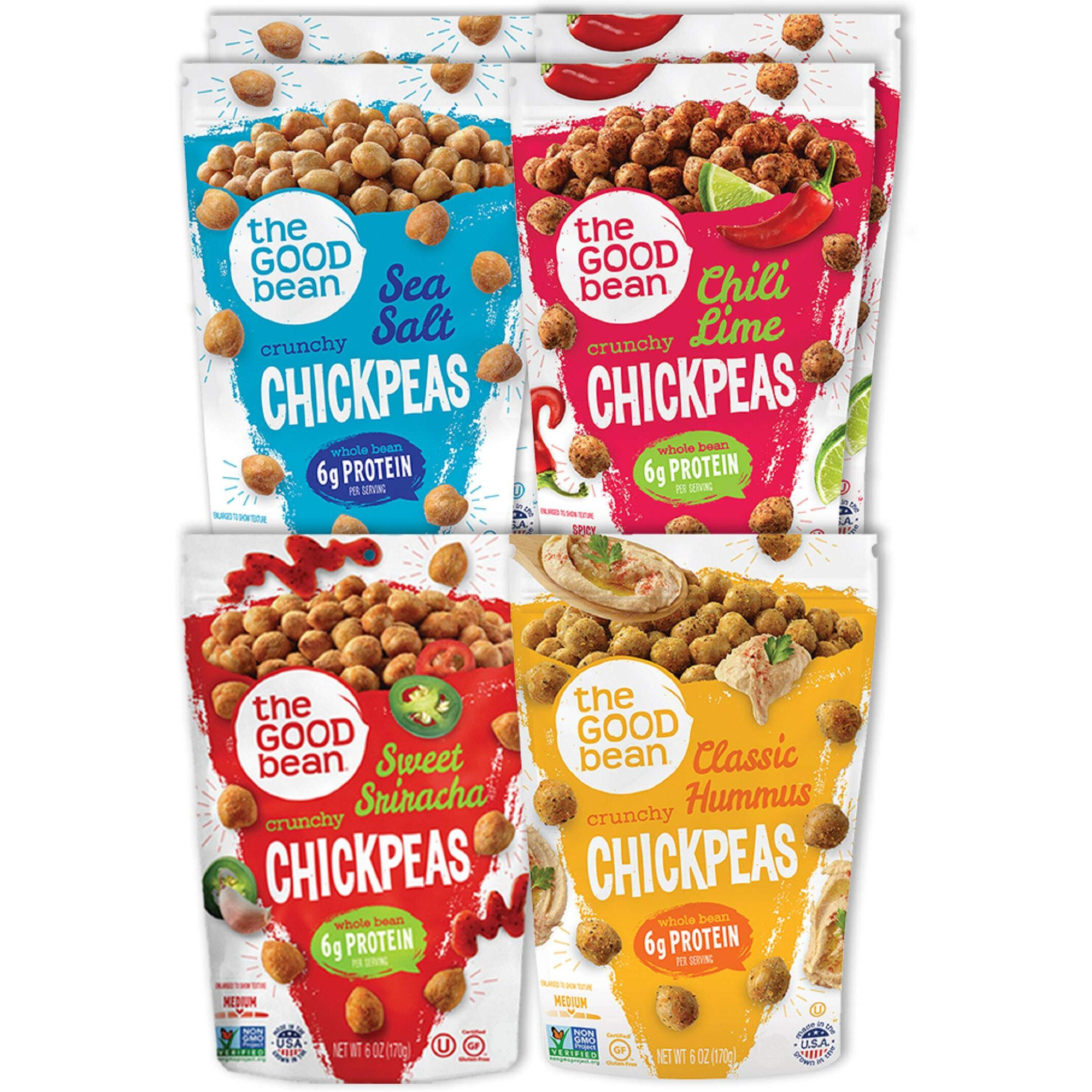 The Good Bean Crunchy Chickpeas - Variety Pack - (6 Pack) 6 Oz - Sea Salt, Chili Lime, Sweet Sriracha, And Classic Hummus Roasted Chickpea Beans - Vegan Snack - Good Source Of Plant Protein And Fiber