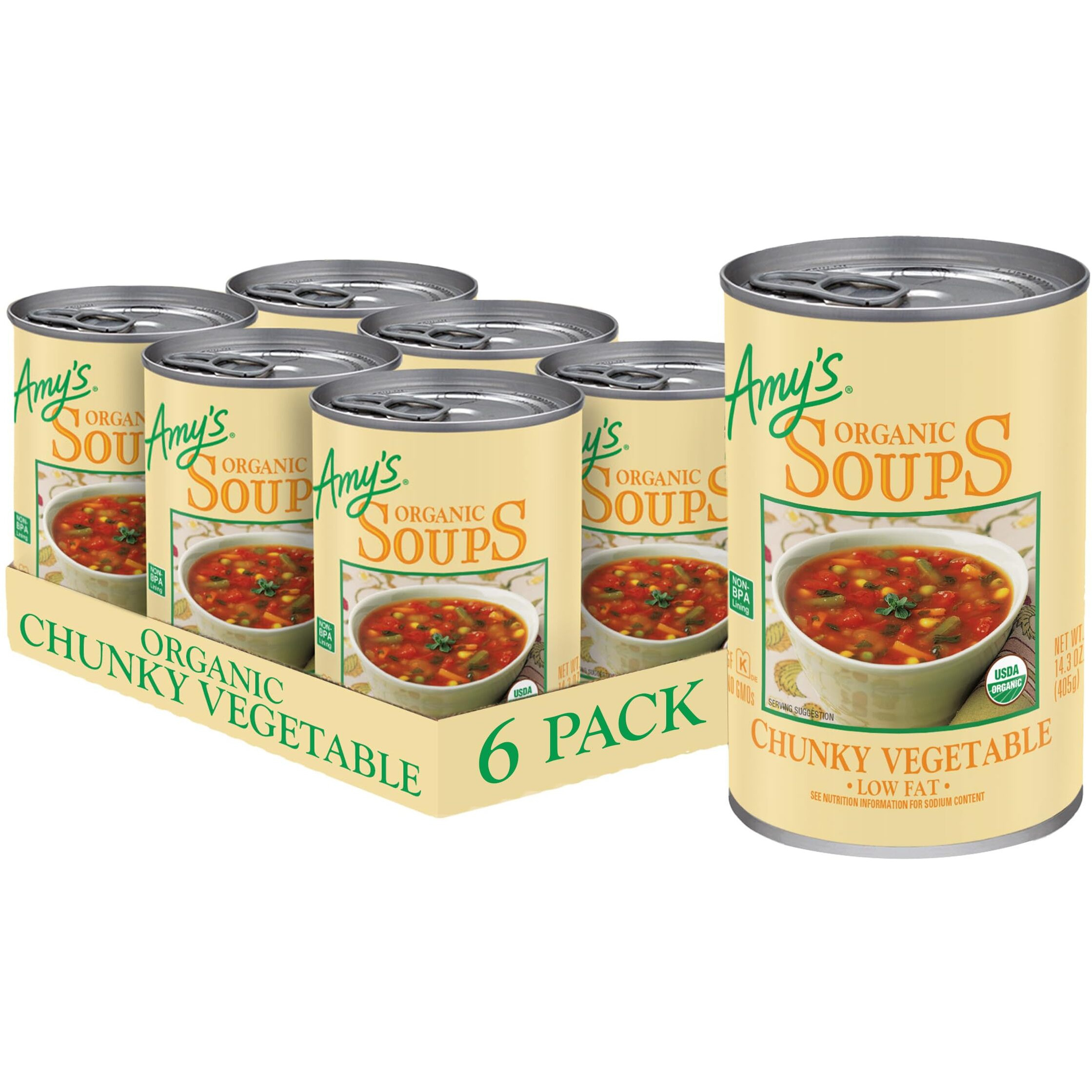 Amys Soup, Vegan Chunky Vegetable Soup, Gluten Free, Made With Organic Tomatoes, Carrots, Green Beans, Corn, Peas, Canned Soup, 14.3 Oz (6 Pack)