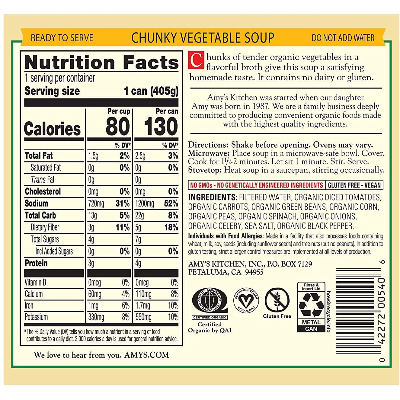 Amys Soup, Vegan Chunky Vegetable Soup, Gluten Free, Made With Organic Tomatoes, Carrots, Green Beans, Corn, Peas, Canned Soup, 14.3 Oz (6 Pack)