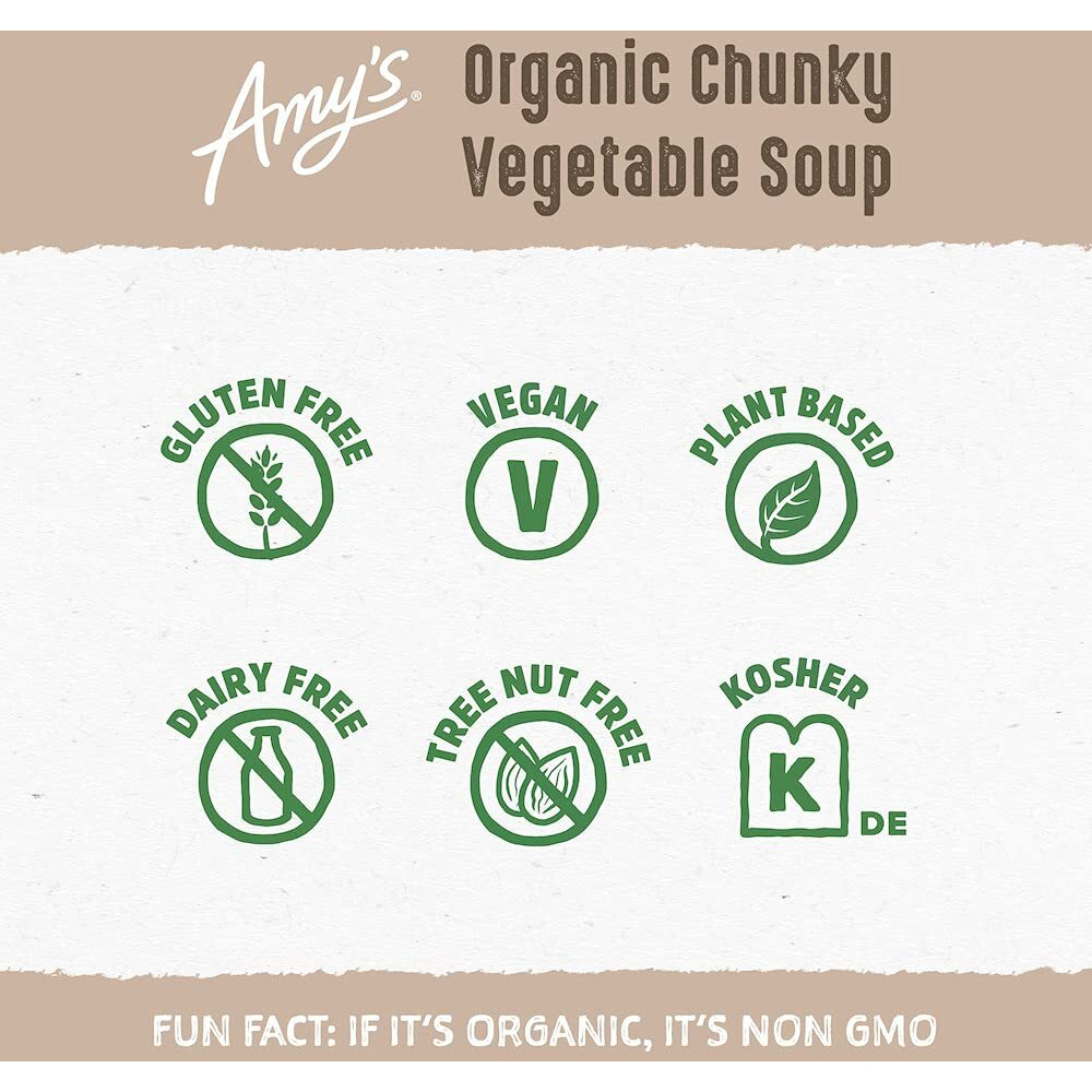 Amys Soup, Vegan Chunky Vegetable Soup, Gluten Free, Made With Organic Tomatoes, Carrots, Green Beans, Corn, Peas, Canned Soup, 14.3 Oz (6 Pack)