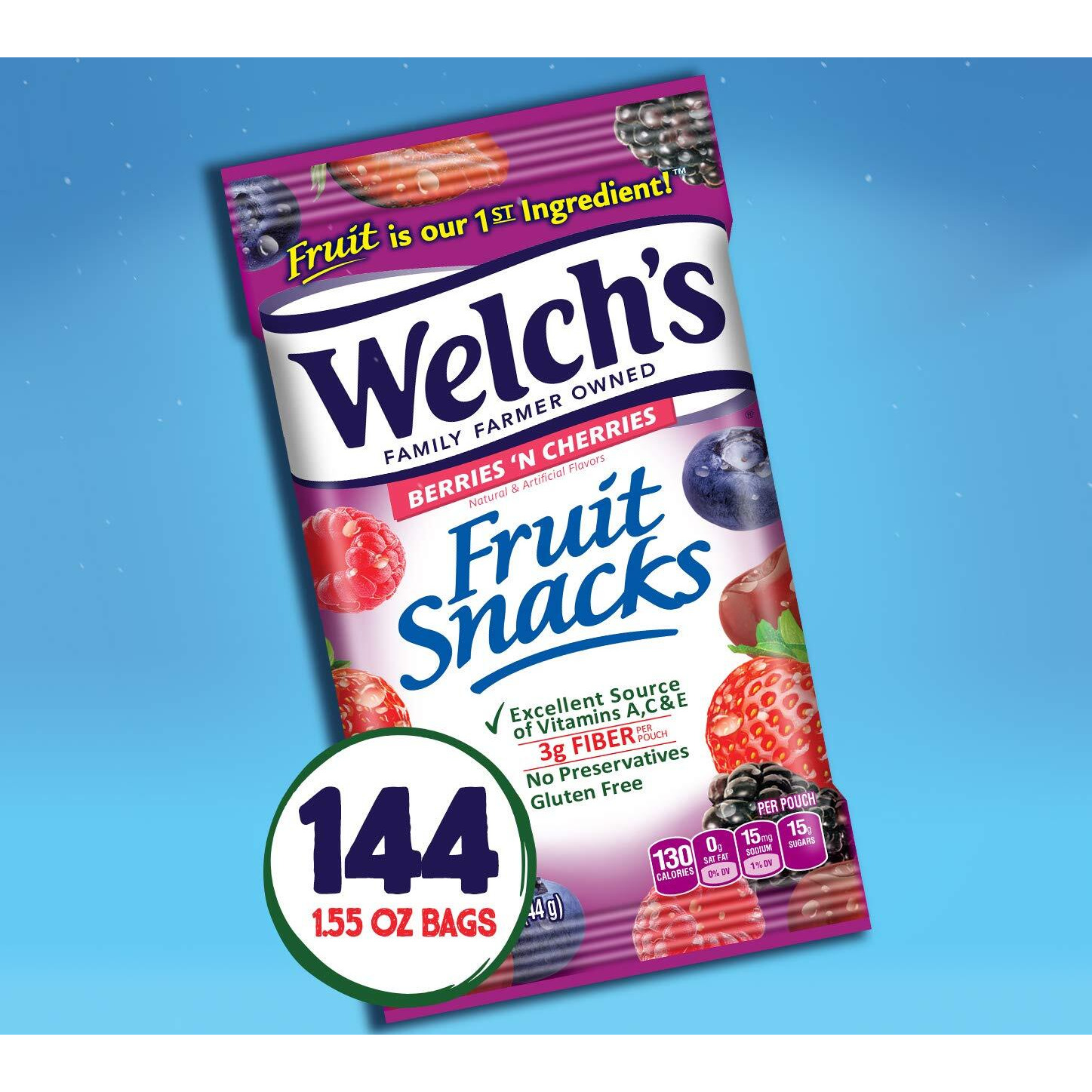 Welch's Fruit Snacks, Berries 'N Cherries, Gluten Free, Bulk Pack, 1.55 Oz Individual Single Serve Bags (Pack Of 144)