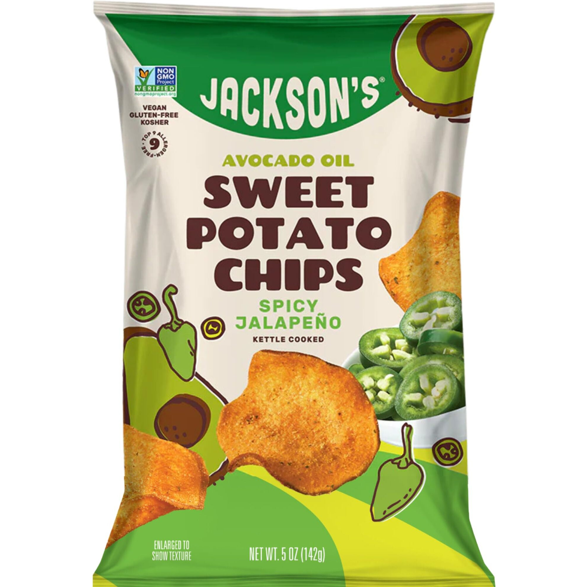 Jacksons Sweet Potato Spicy Jalapeno Chips Made With Premium Avocado Oil (5 Oz, Pack Of 7) - Allergen-Friendly, Gluten Free, Peanut Free, Vegan, Paleo Friendly - Shark Tank Product