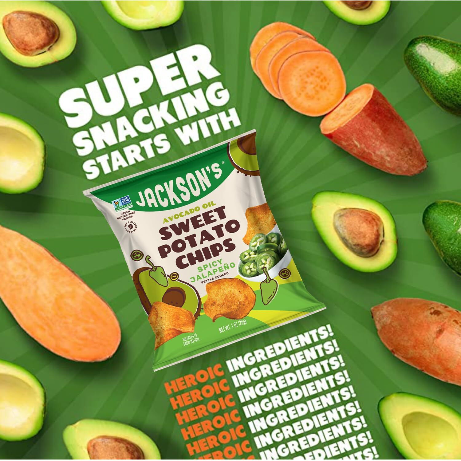 Jacksons Sweet Potato Spicy Jalapeno Chips Made With Premium Avocado Oil (5 Oz, Pack Of 7) - Allergen-Friendly, Gluten Free, Peanut Free, Vegan, Paleo Friendly - Shark Tank Product