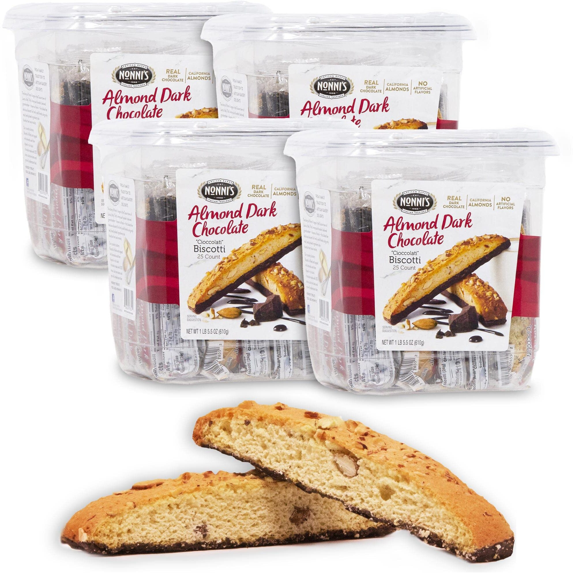 Nonni's Cioccolati Biscotti Italian Cookies - 4 Tubs - Italian Biscotti Cookies - Biscotti Individually Wrapped Cookies W/Premium California Almonds & Dark Chocolate - Kosher Coffee Cookies - 21 Oz
