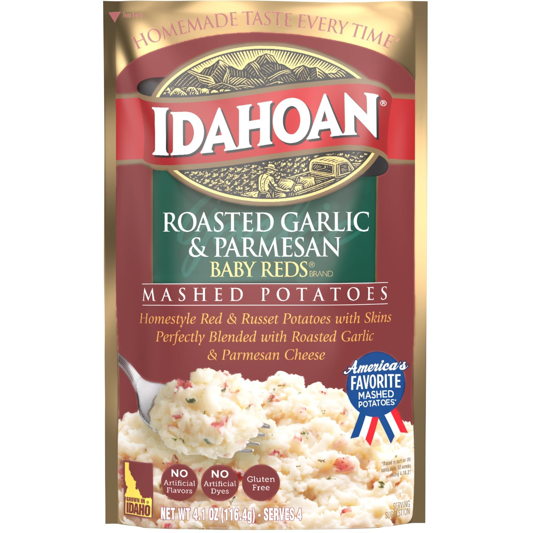 Idahoan Mashed Potatoes, Baby Reds With Roasted Garlic And Parmesan, 4.1 Ounce (Pack Of 10)