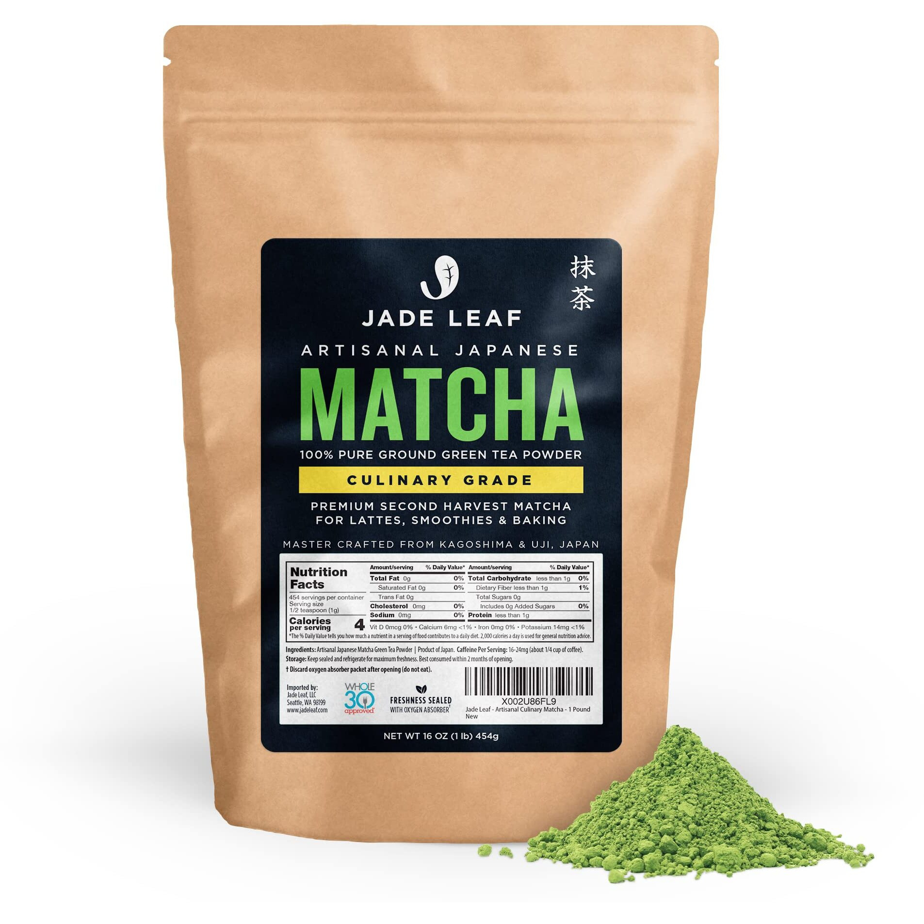 Jade Leaf Matcha Artisanal Matcha Green Tea Powder - Authentic Japanese Origin - Premium Second Harvest Culinary Grade (1 Pound)
