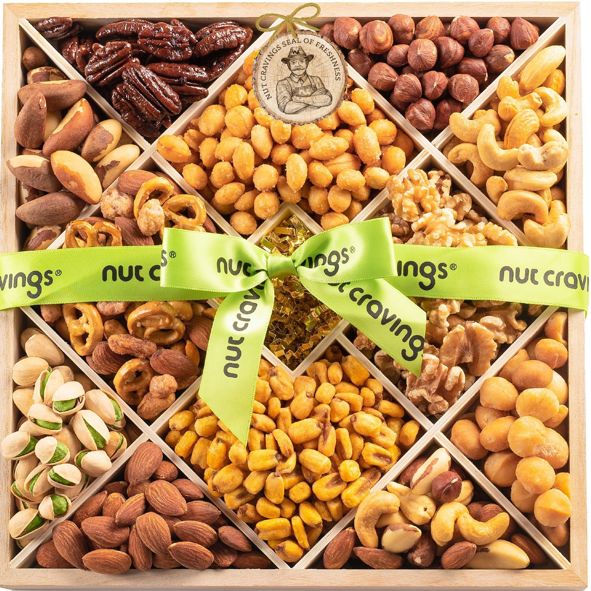 Nut Cravings Gourmet Collection - Diwali & Halloween Treats Mixed Nuts Gift Basket In Reusable Diamond Wooden Tray + Green Ribbon (12 Assortments) Arrangement Platter, Healthy Kosher
