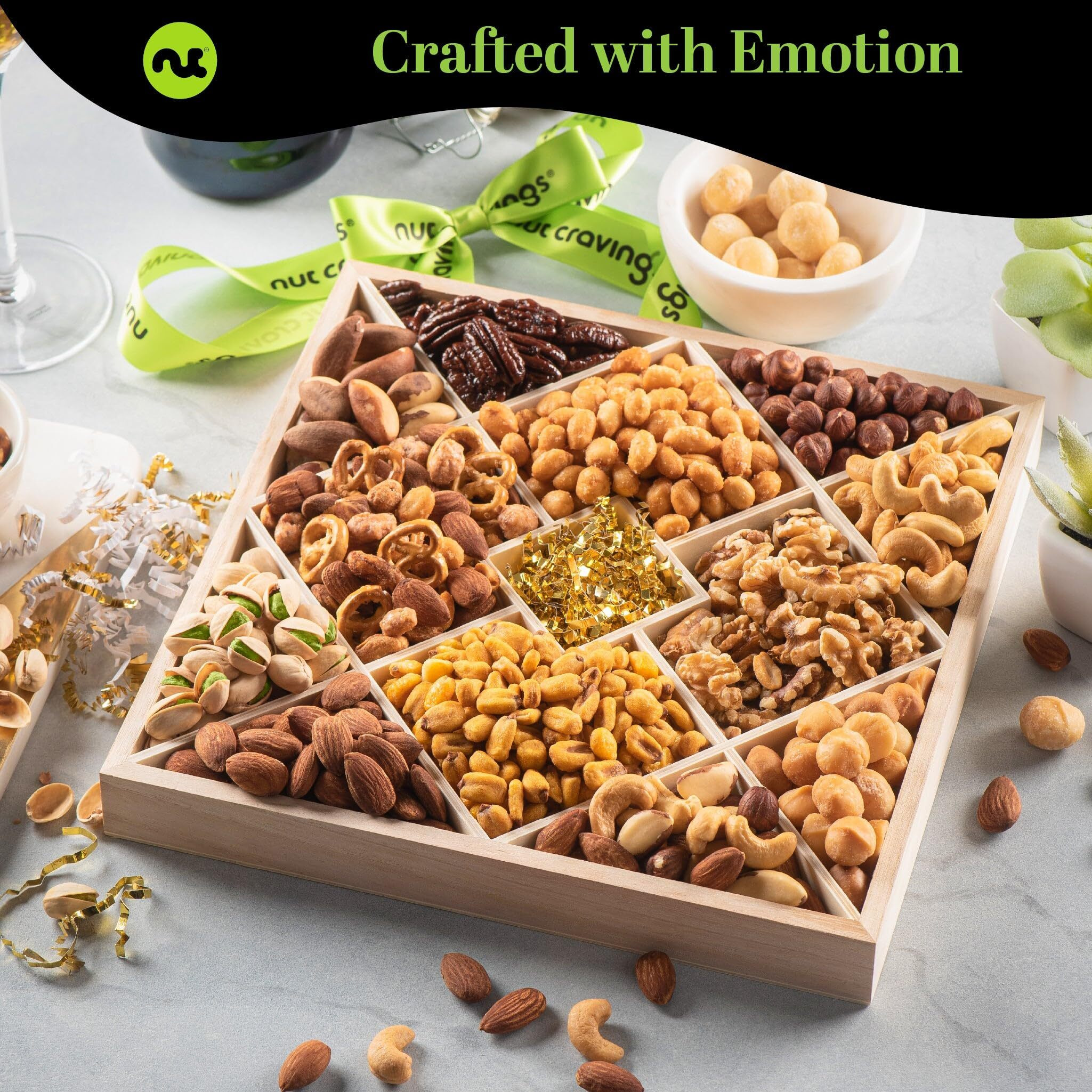Nut Cravings Gourmet Collection - Diwali & Halloween Treats Mixed Nuts Gift Basket In Reusable Diamond Wooden Tray + Green Ribbon (12 Assortments) Arrangement Platter, Healthy Kosher