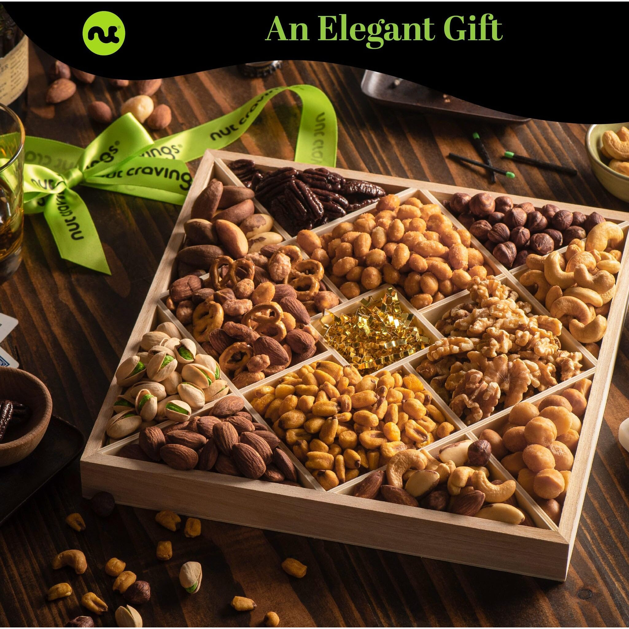 Nut Cravings Gourmet Collection - Diwali & Halloween Treats Mixed Nuts Gift Basket In Reusable Diamond Wooden Tray + Green Ribbon (12 Assortments) Arrangement Platter, Healthy Kosher