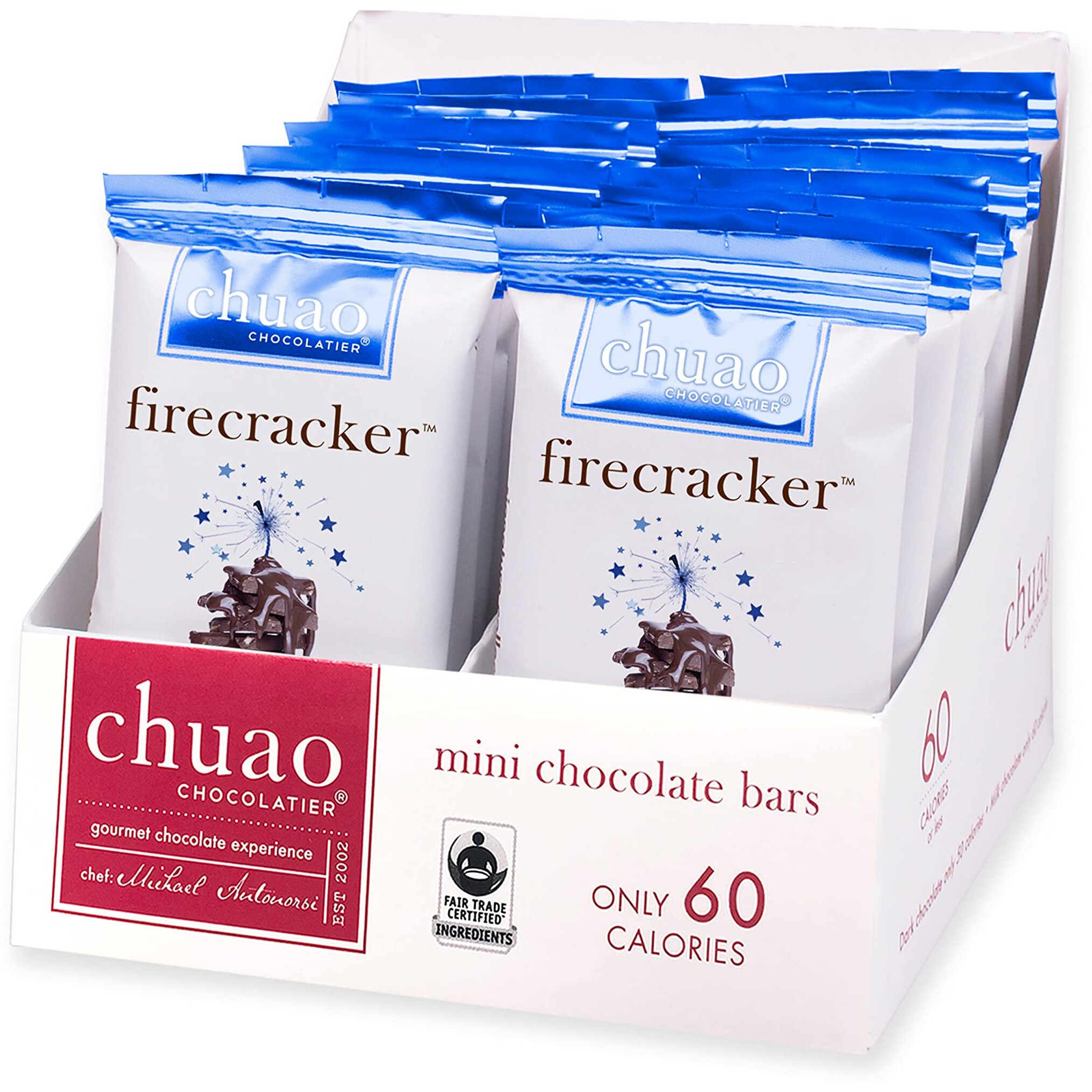 Chuao Chocolatier Firecracker Dark Chocolate Mini Bars | Gourmet Sea Salt Chipotle Popping Candies No Preservatives | For Gift Baskets, Christmas, Birthday, Care Package | 24 Pack