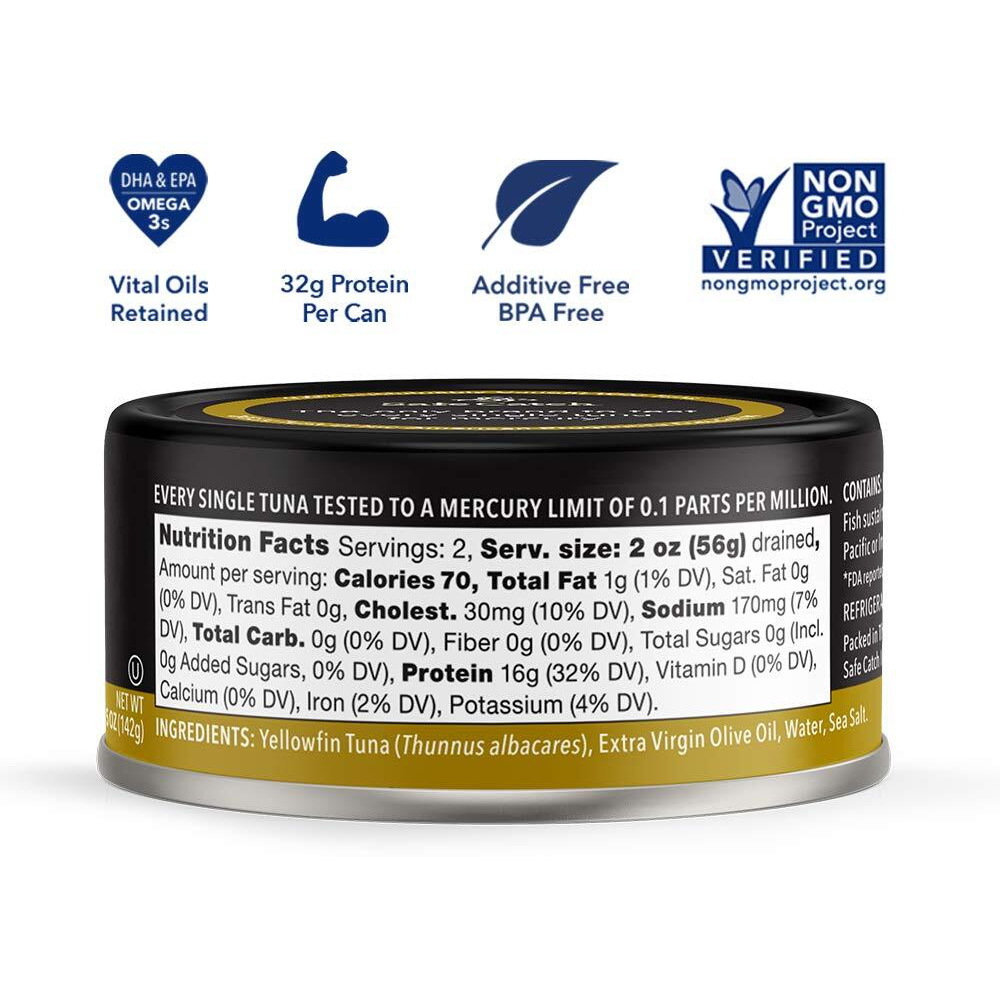 Safe Catch Wild Ahi Yellowfin Tuna Fish Canned, Wild Caught, Lowest Mercury, Lean Protein, Omega 3, Gluten-Free, Kosher, In Extra Virgin Olive Oil, Pack Of 6