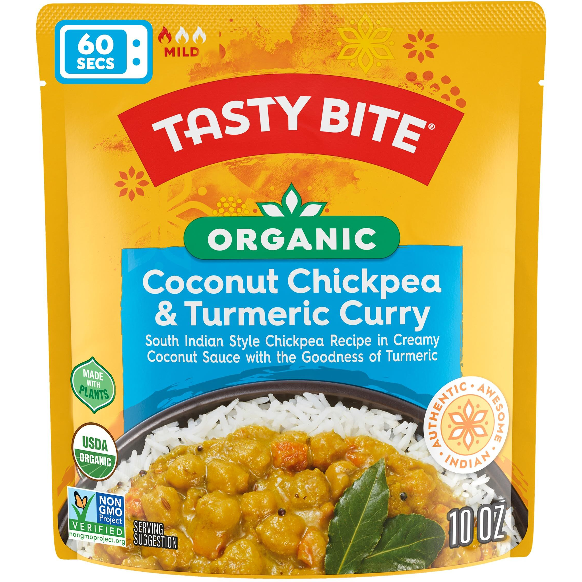 Tasty Bite Organic Chickpea Coconut And Turmeric Curry, Ready To Eat, Microwavable Entr  E, Vegan, 10 Ounce (Pack Of 6)