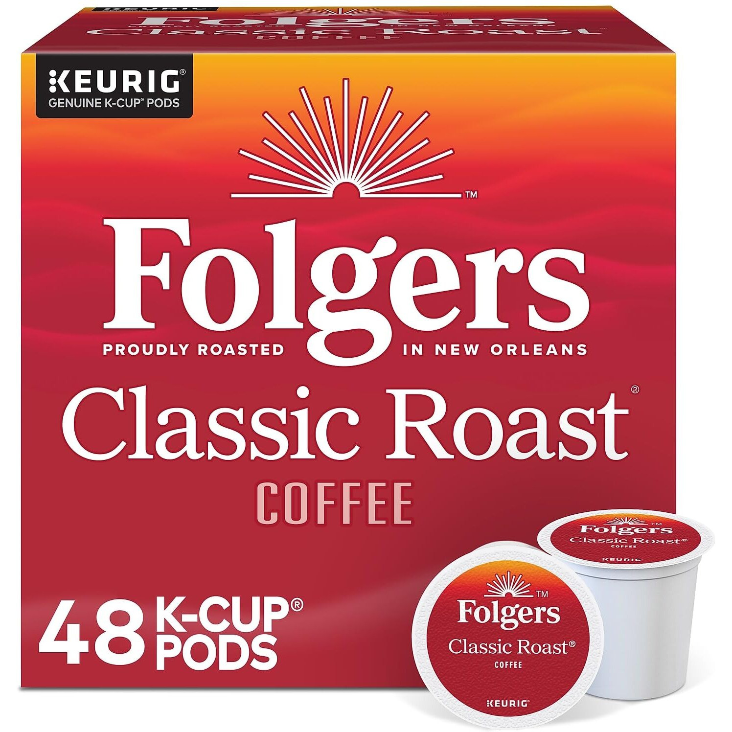 Folgers Classic Roast Coffee, Medium Roast, 48 Keurig K-Cup Pods