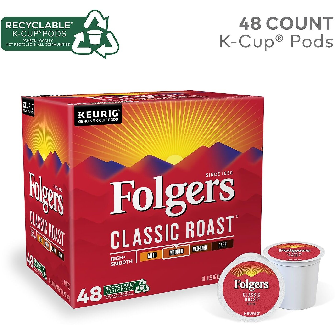 Folgers Classic Roast Coffee, Medium Roast, 48 Keurig K-Cup Pods