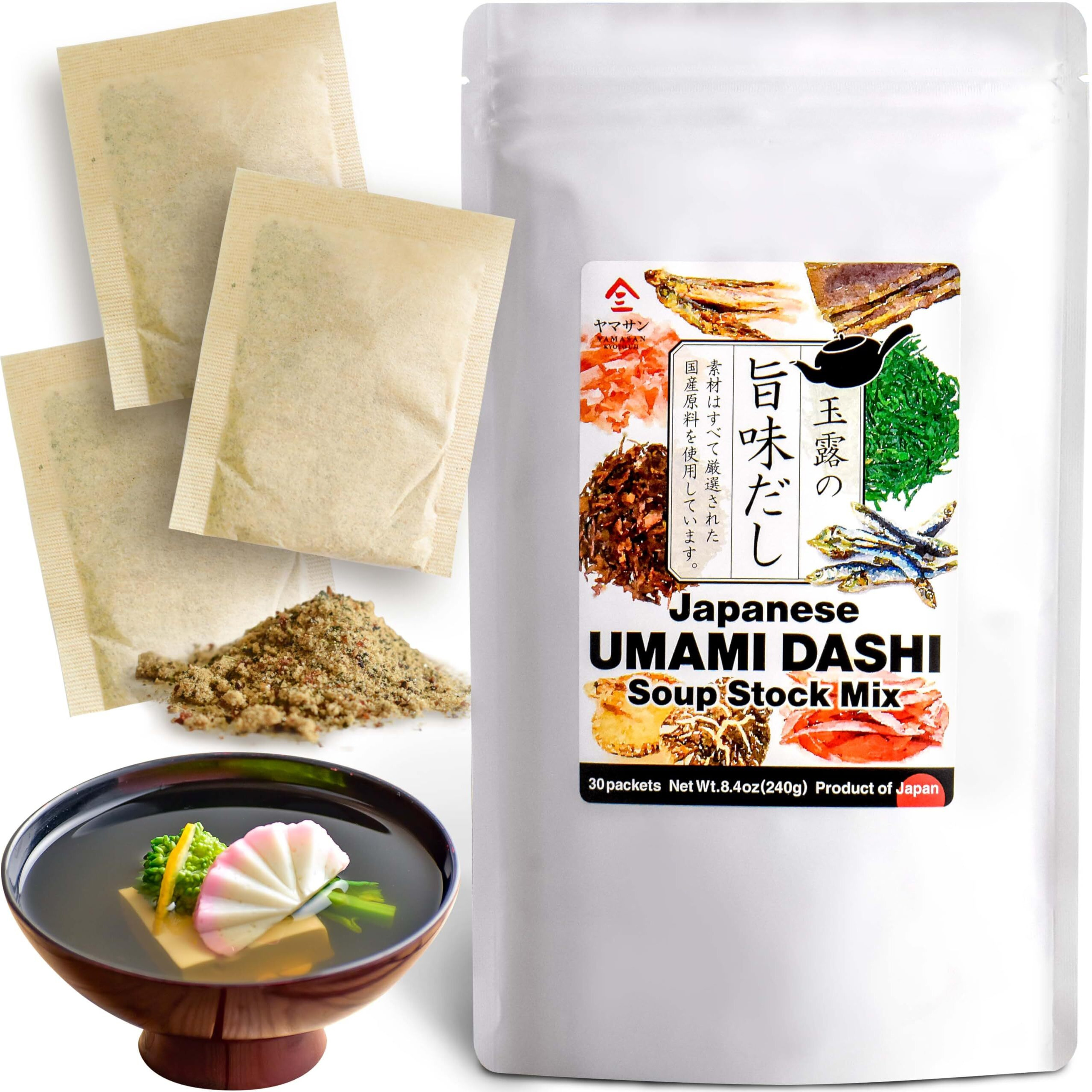 Dashi - Umami Powder Soup Stock - Japanese Food, Bonito Flakes, Kelp, Mushroom, 8G  30PacsYamasan
