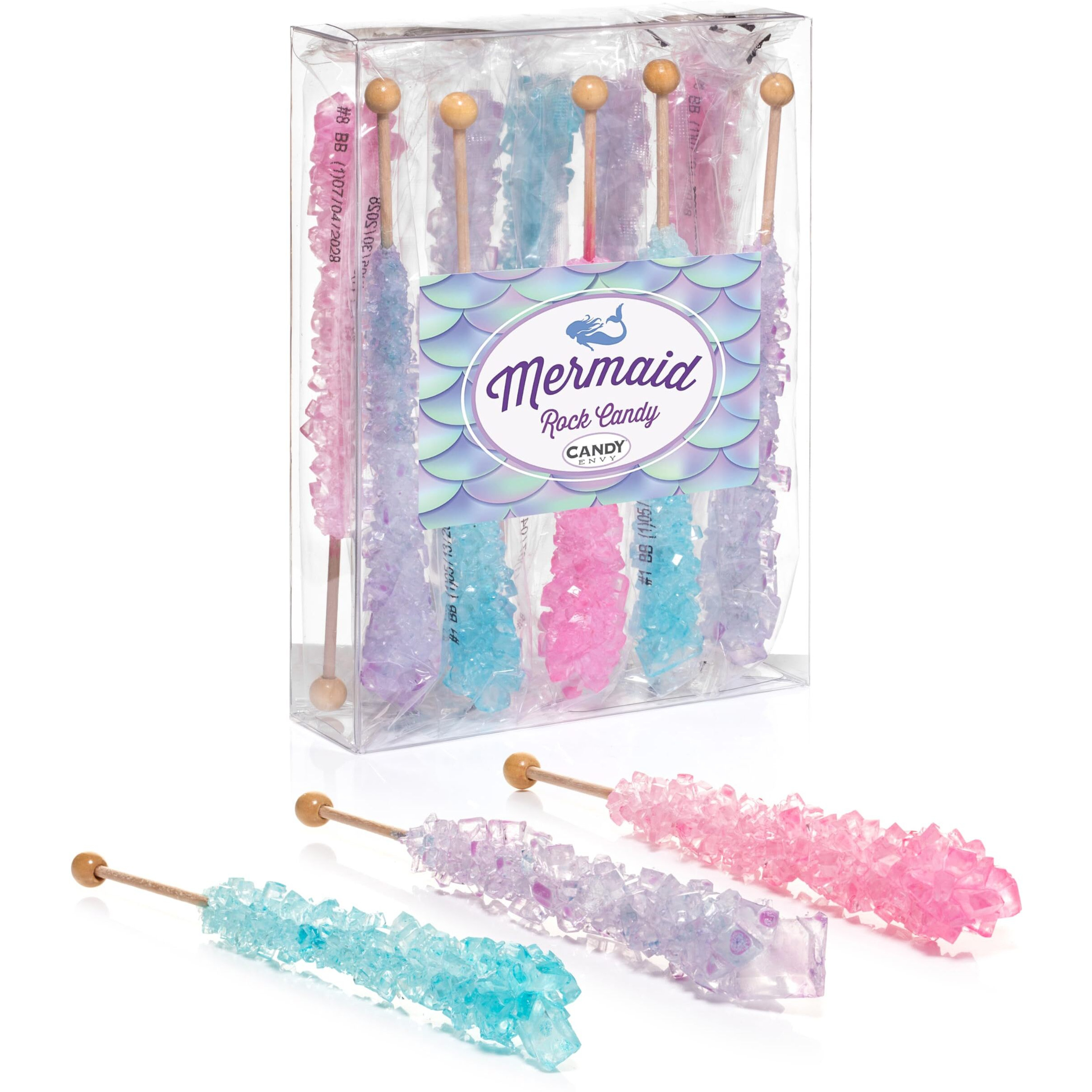 Candy Envy - Mermaid Rock Candy Sugar Sticks - 10 Indiv. Wrapped - Pink, Light Blue, Lavender