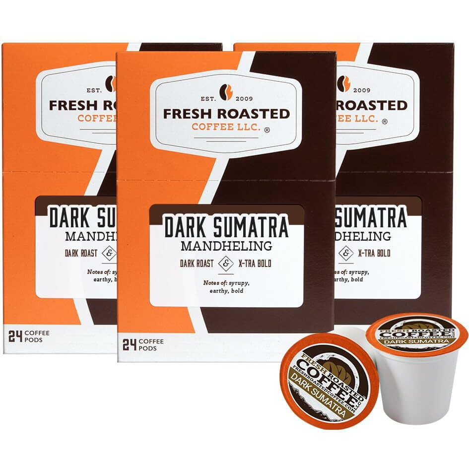 Fresh Roasted Coffee, Dark Sumatra Mandheling | Single Origin | Dark Roast | Kosher | K-Cup Compatible | 72 Pods