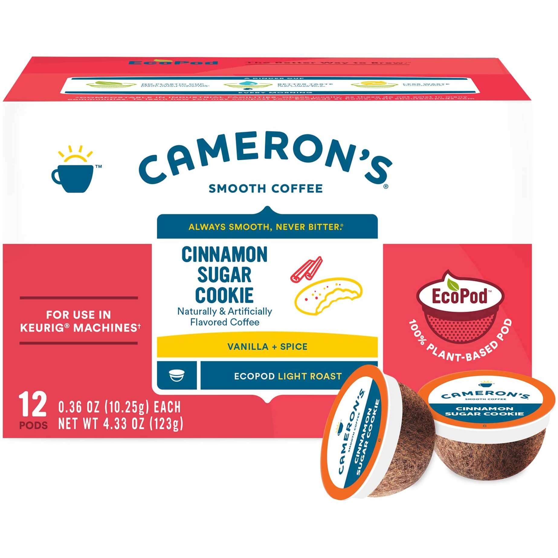 Cameron's Coffee Single Serve Pods, Flavored, Cinnamon Sugar Cookie, 12 Count (Pack Of 6)