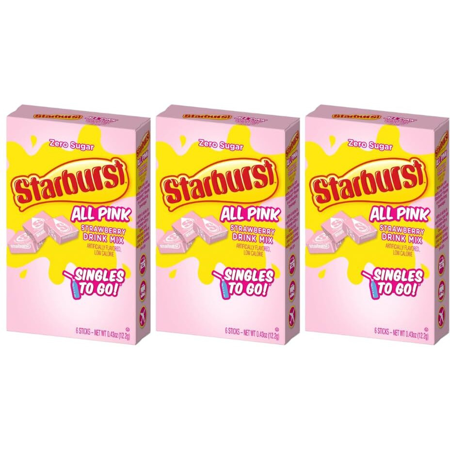 Starburst Singles To Go Powdered Drink Mix, All Pink Strawberry, 3 Boxes With 6 Packets Each - 18 Total Servings, Sugar-Free Drink Powder, Just Add Water, 6 Count (Pack Of 3)