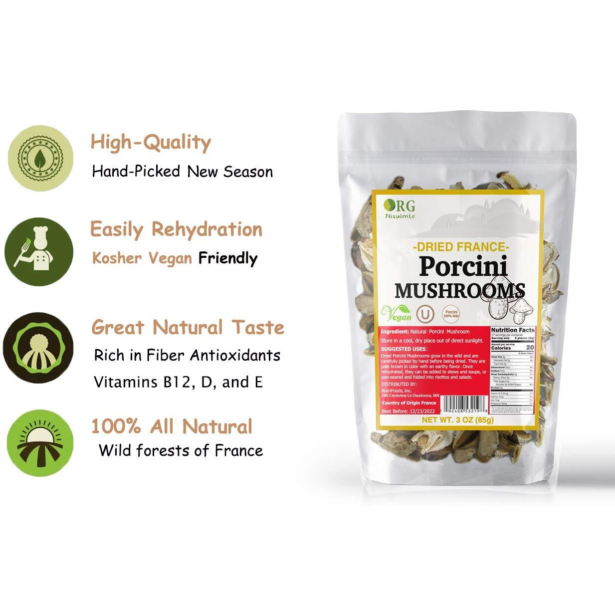 Orgnisulmte Dried Porcini Mushrooms New Season French Wild Porcini Mushroom Premium Vacuum Pack 3Oz(85G)