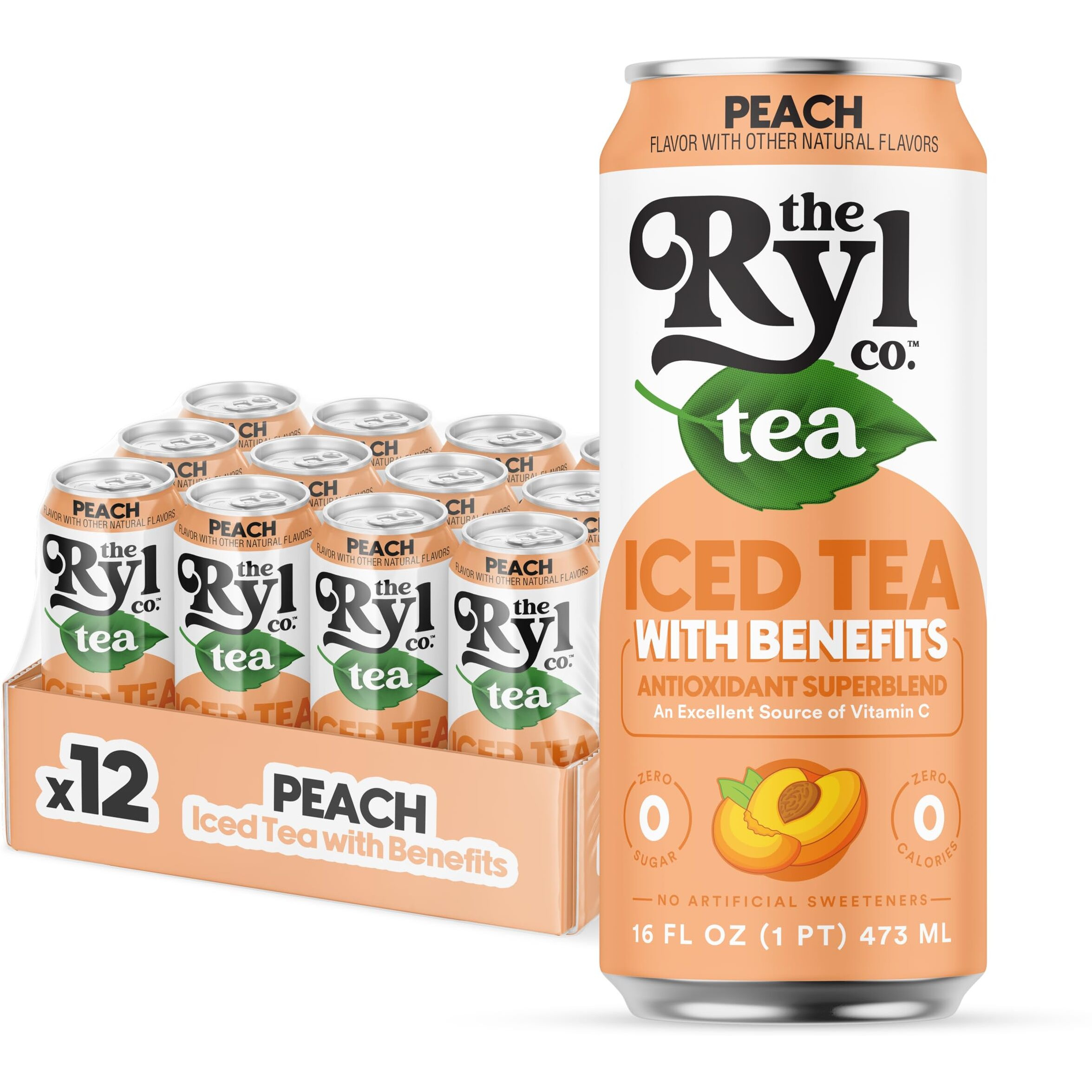 Ryl Iced Tea, Peach, Antioxidant Superblend, Zero Sugar, Low Carb, Zero Calorie Iced Tea, 16.0 Fl Oz (12-Pack)