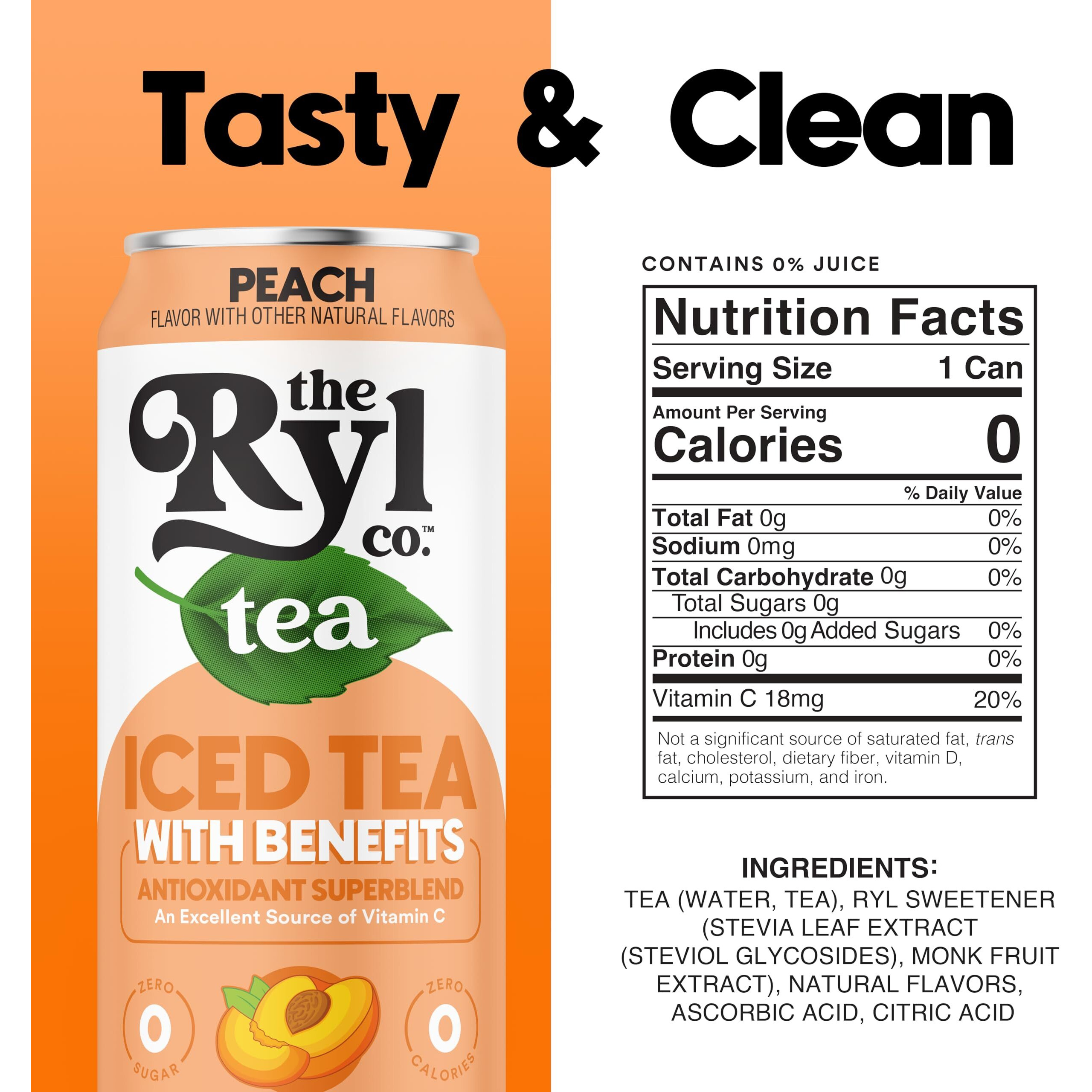 Ryl Iced Tea, Peach, Antioxidant Superblend, Zero Sugar, Low Carb, Zero Calorie Iced Tea, 16.0 Fl Oz (12-Pack)