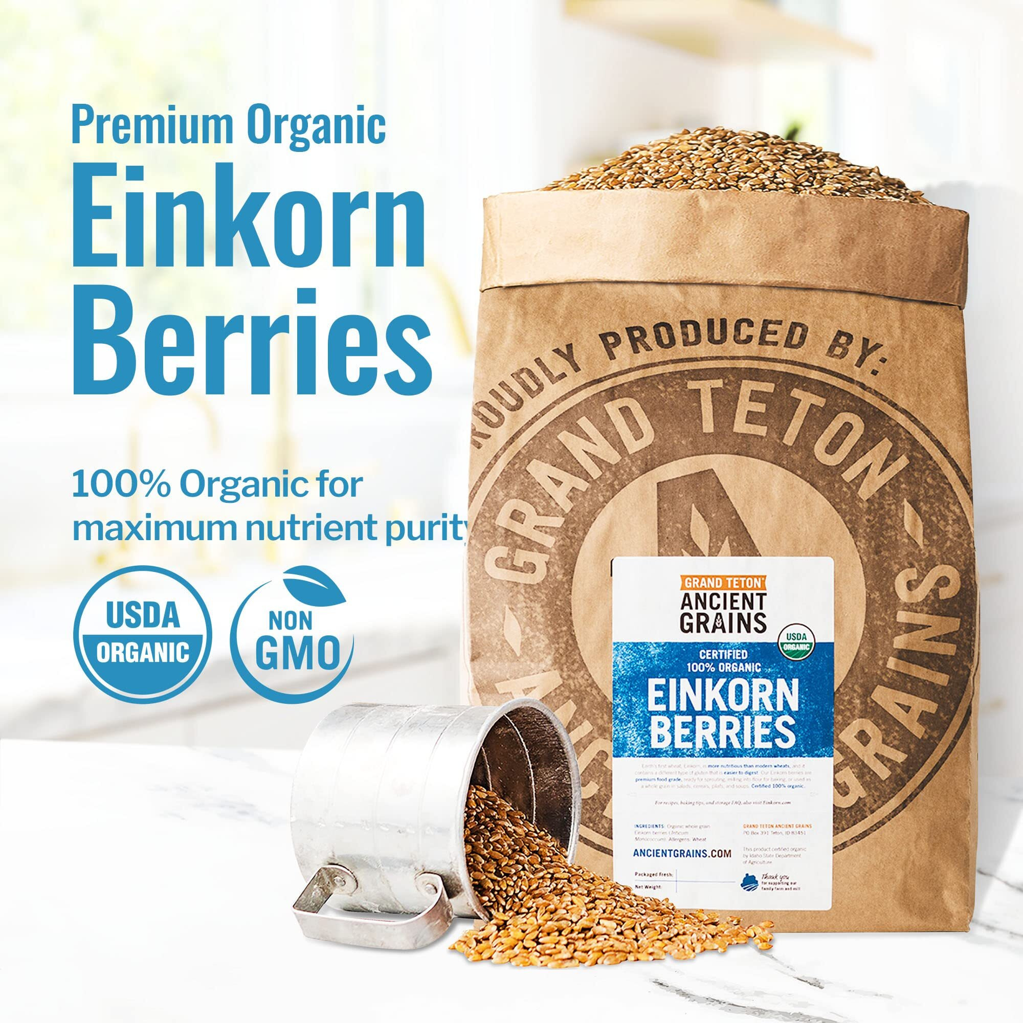 Grand Teton Ancient Grains - 100% Organic Einkorn Berries, Premium Food-Grade Farro Piccolo, For Milling Into Flour, Baking, Pilafs, & Soups, 25 Lbs
