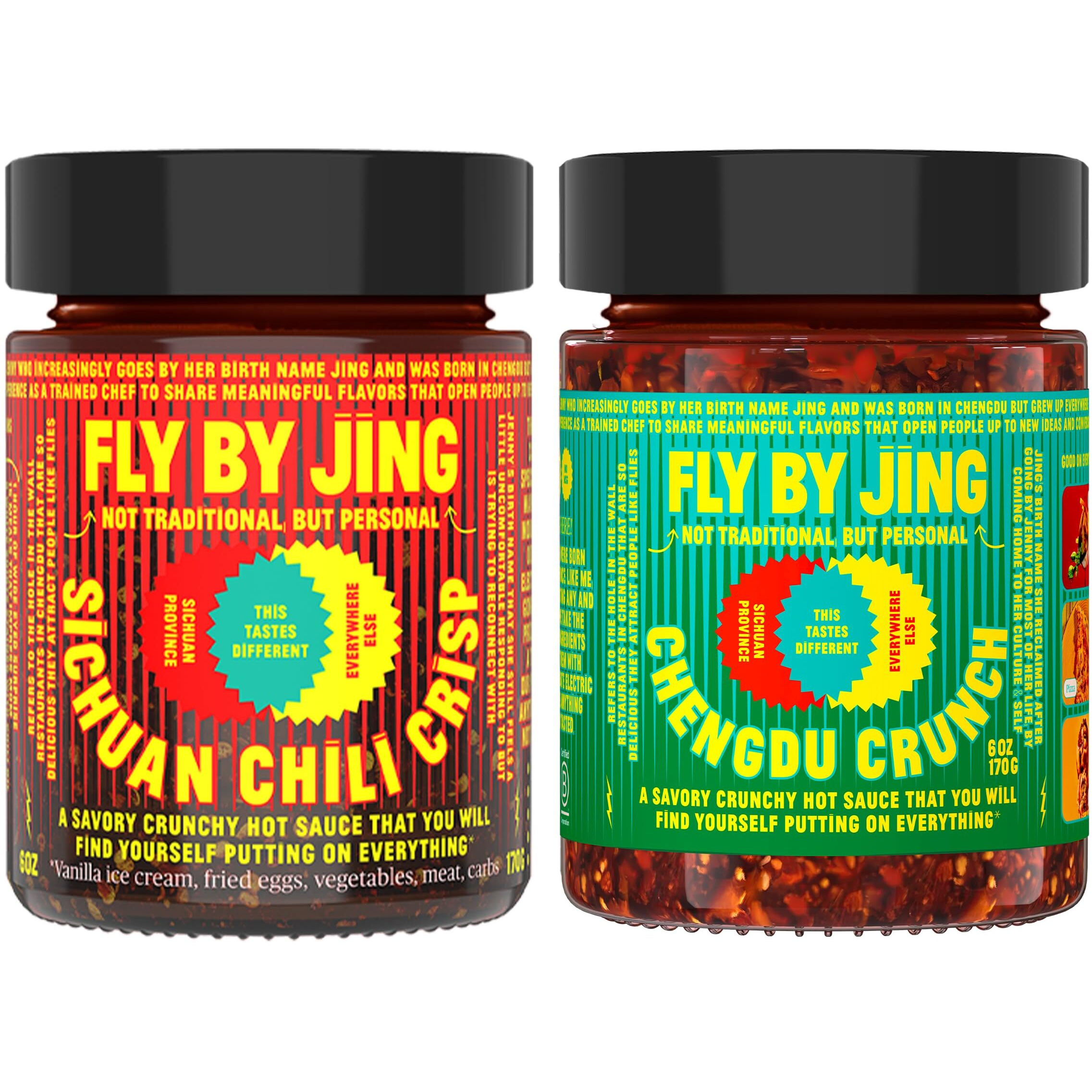 Flybyjing Spicy Crunchy Sauce Bundle Original & Extra Crunchy Chili Crisp - Premium All-Natural Vegan And Sugar Free - Crispy Tingly Savory Sichuan Hot Sauces, Good On Everything, 6Oz (Pack Of 2)