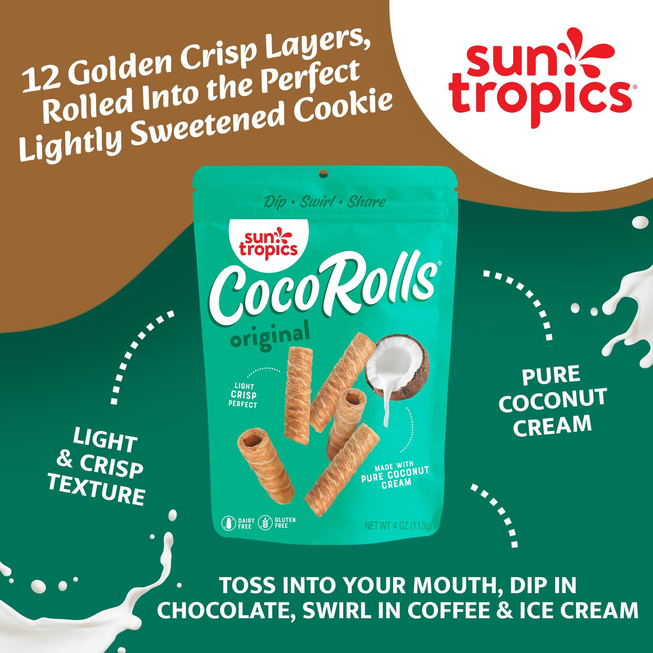 Sun Tropics Cocorolls Original Flavor- 6 Count (4 Oz Each) | Crisp Rolled Wafer Cookies, Coconut Rolls Made With Pure Coconut Cream | Gluten Free & Dairy Free Coconut Wafer Snack