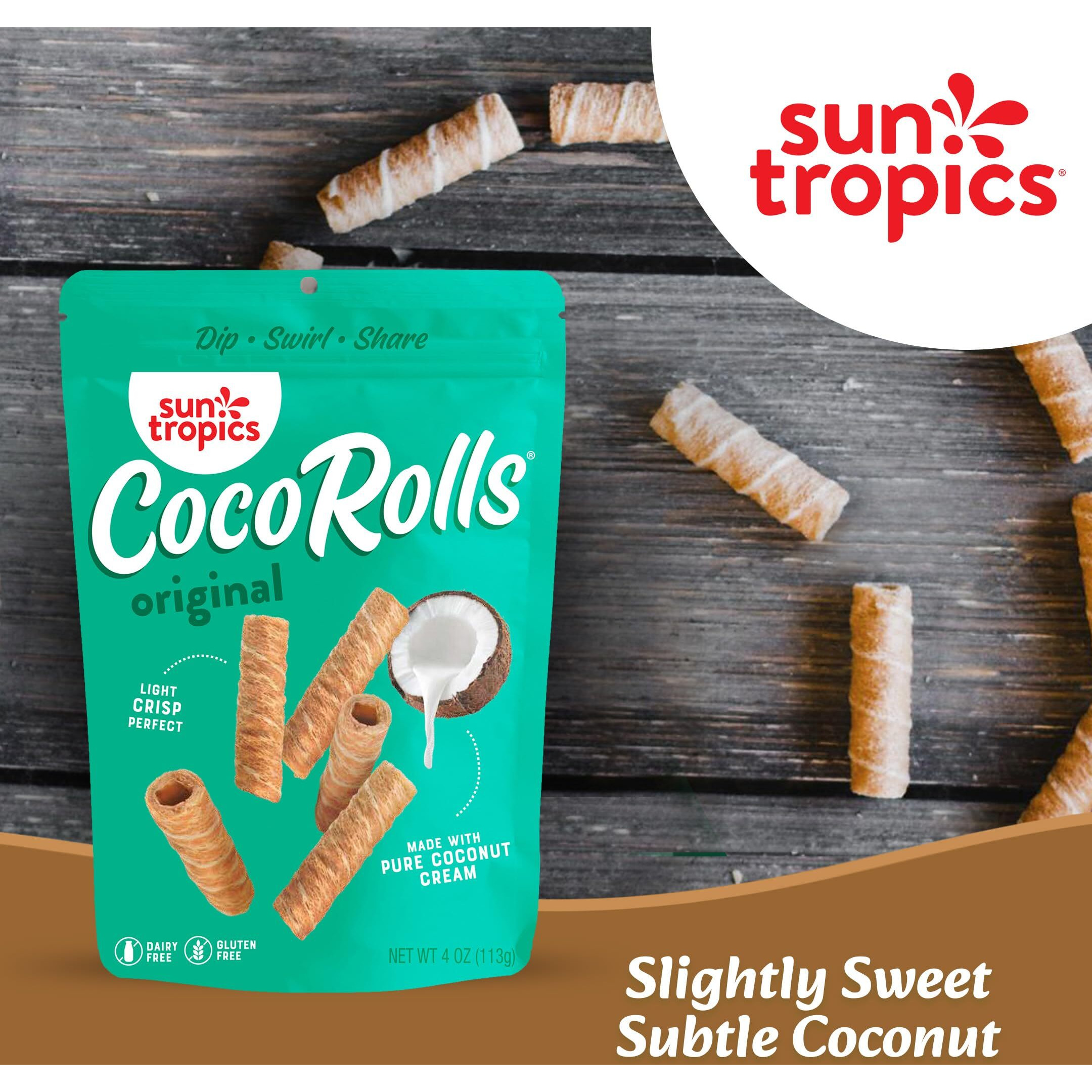 Sun Tropics Cocorolls Original Flavor- 6 Count (4 Oz Each) | Crisp Rolled Wafer Cookies, Coconut Rolls Made With Pure Coconut Cream | Gluten Free & Dairy Free Coconut Wafer Snack