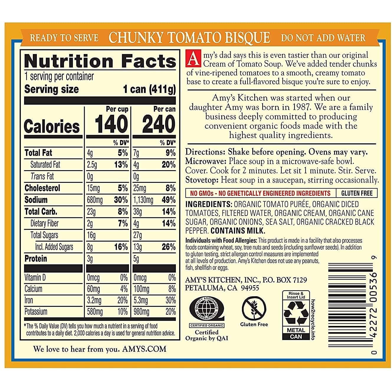 Amys Soup, Chunky Tomato Bisque, Gluten Free, Made With Organic Tomatoes And Cream, Canned Soup, 14.5 Oz (12 Pack)