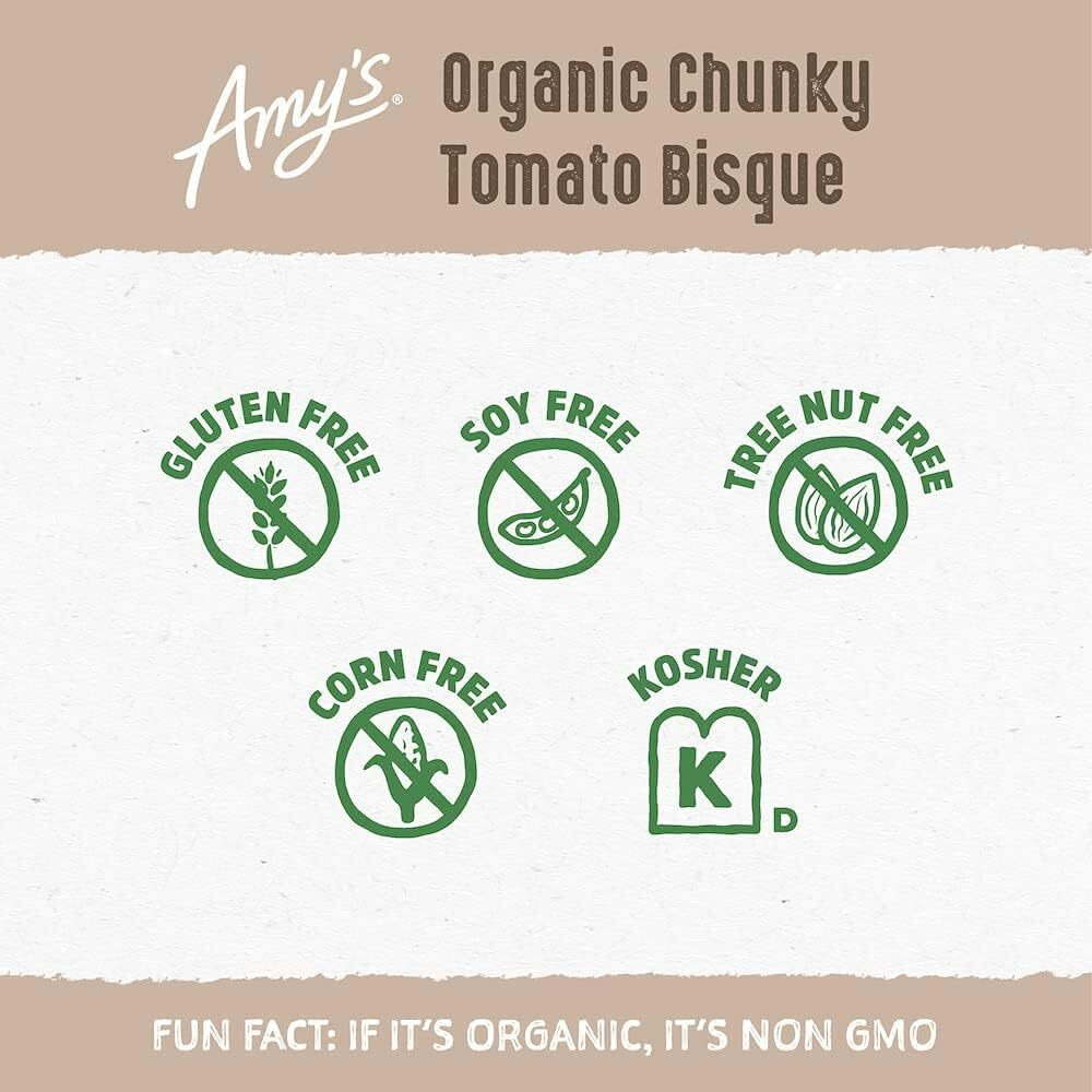 Amys Soup, Chunky Tomato Bisque, Gluten Free, Made With Organic Tomatoes And Cream, Canned Soup, 14.5 Oz (12 Pack)