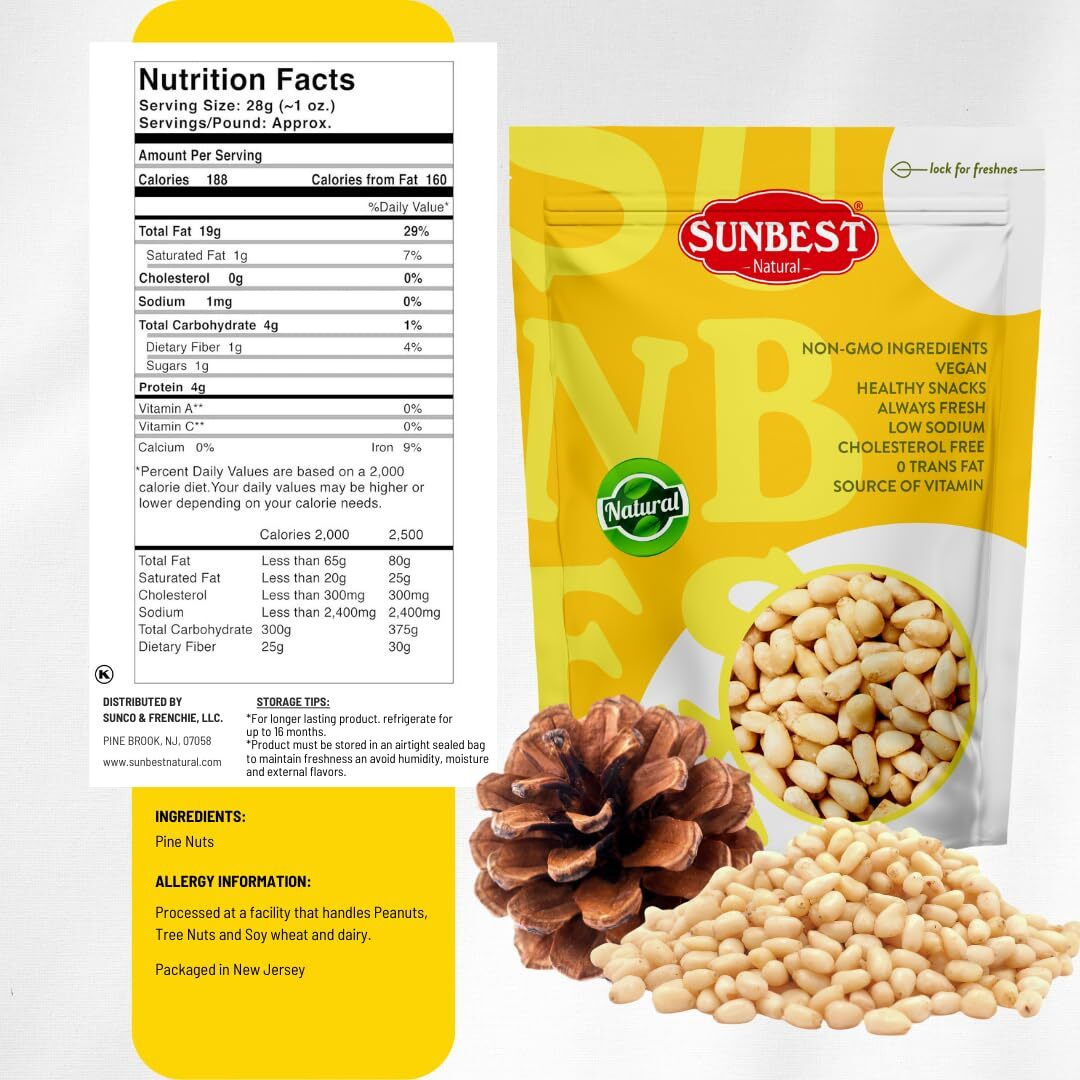 Sunbest Natural Pine Nuts Pignolia 8 Oz 1 Pack - Unsalted, Raw, Crunchy, Fresh & Delicious, Kosher Certified - Ideal For Snacking, Topping & Baking - Non-Gmo, Gluten Free