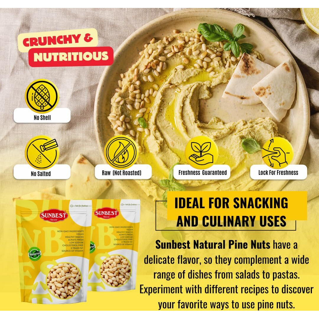 Sunbest Natural Pine Nuts Pignolia 8 Oz 1 Pack - Unsalted, Raw, Crunchy, Fresh & Delicious, Kosher Certified - Ideal For Snacking, Topping & Baking - Non-Gmo, Gluten Free