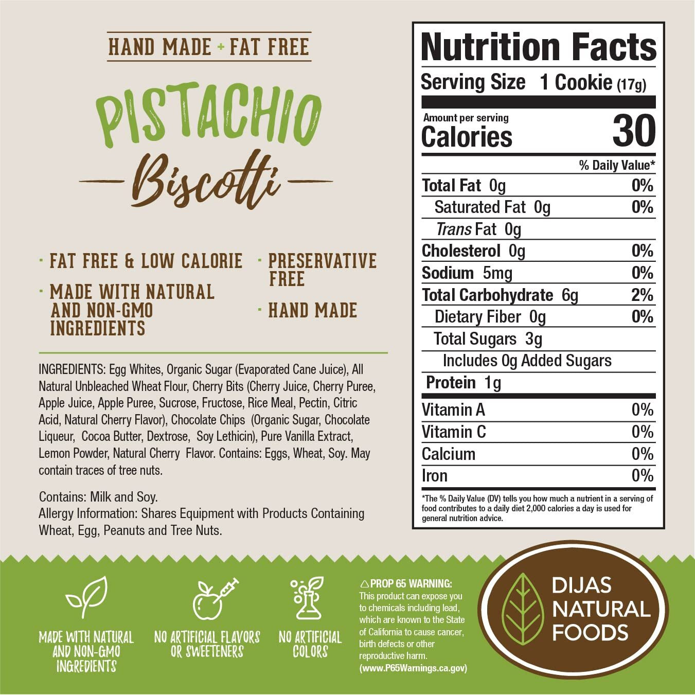 Dijas Natural Foods, Fat Free Biscotti Cookie, All Natural Preservative Free Ingredients, Delicious Low Calorie Snack (12 Oz, Pistachio)