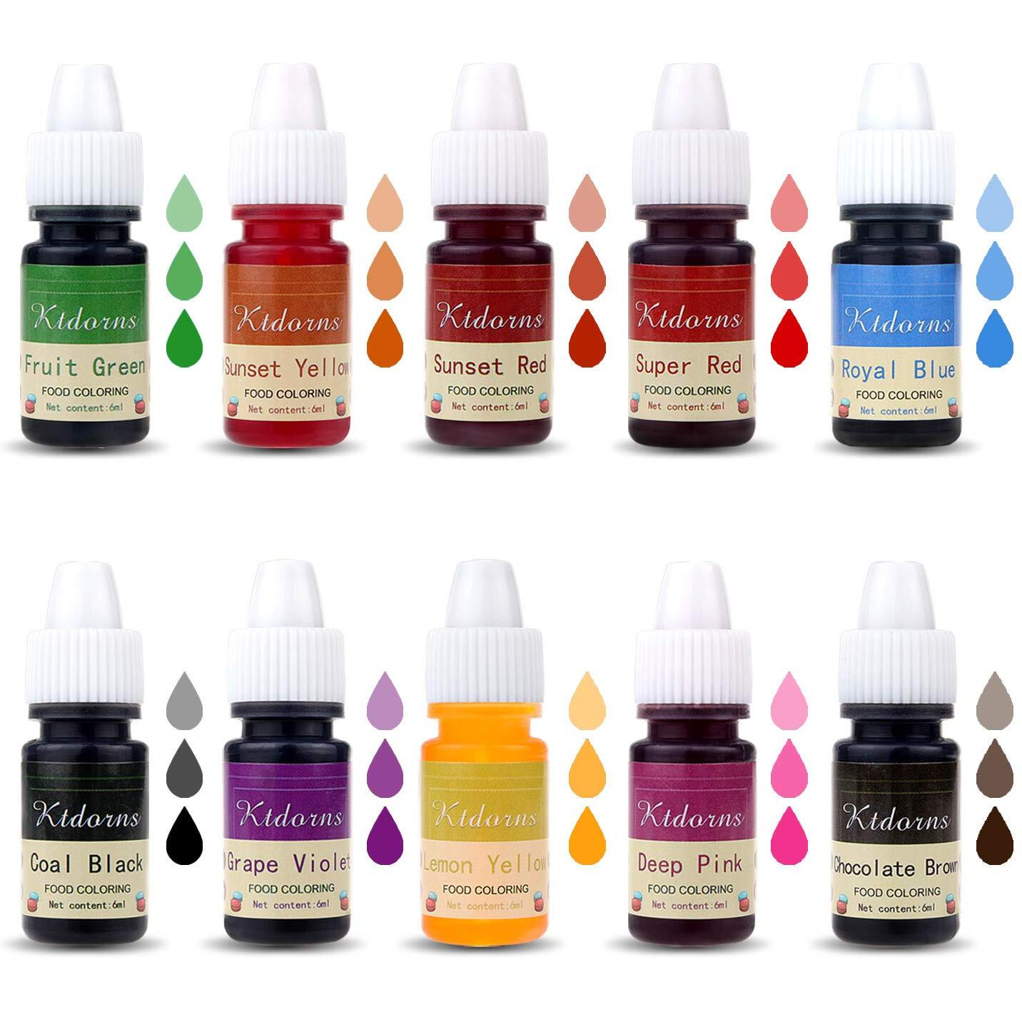 Food Coloring - Yellow,Blue,Green,Violet 10 Color Cake Food Coloring Liquid Variety Kit For Baking, Decorating,Fondant And Cooking, Slime Making Supplies Kit - .25 Fl. Oz. (6Ml) Bottles
