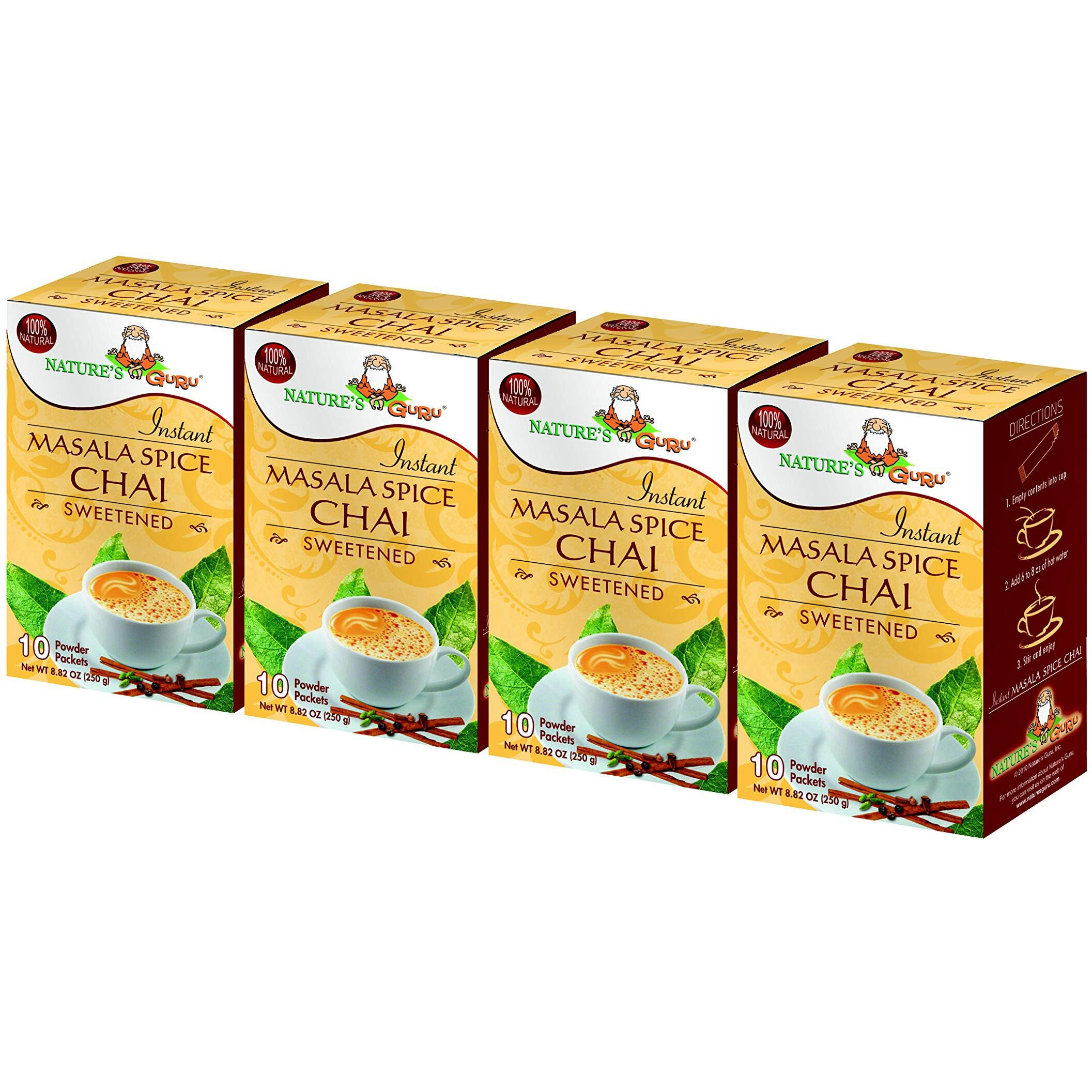 Nature's Guru Instant Masala Spice Chai Tea Drink Mix Sweetened Single Serve On-The-Go Drink Packets, 10 Count (Pack Of 4)